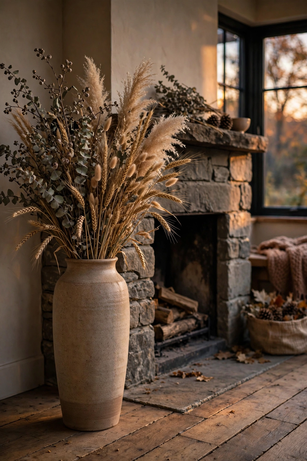 Dried eucalyptus, wheat stems and pampas grass in a tall ceramic vase