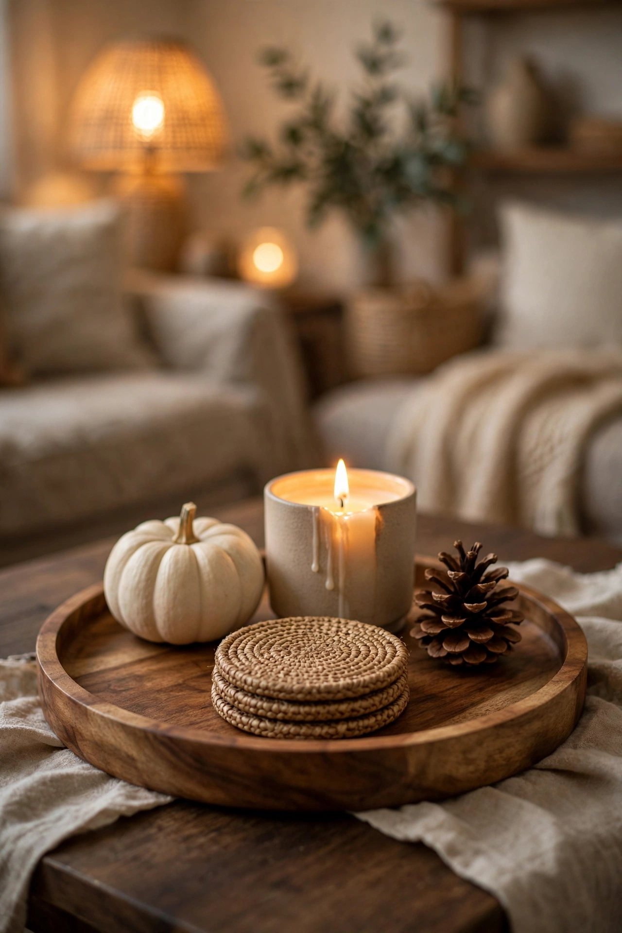 A round wooden tray styling a coffee table with a candle, pumpkin and pinecone