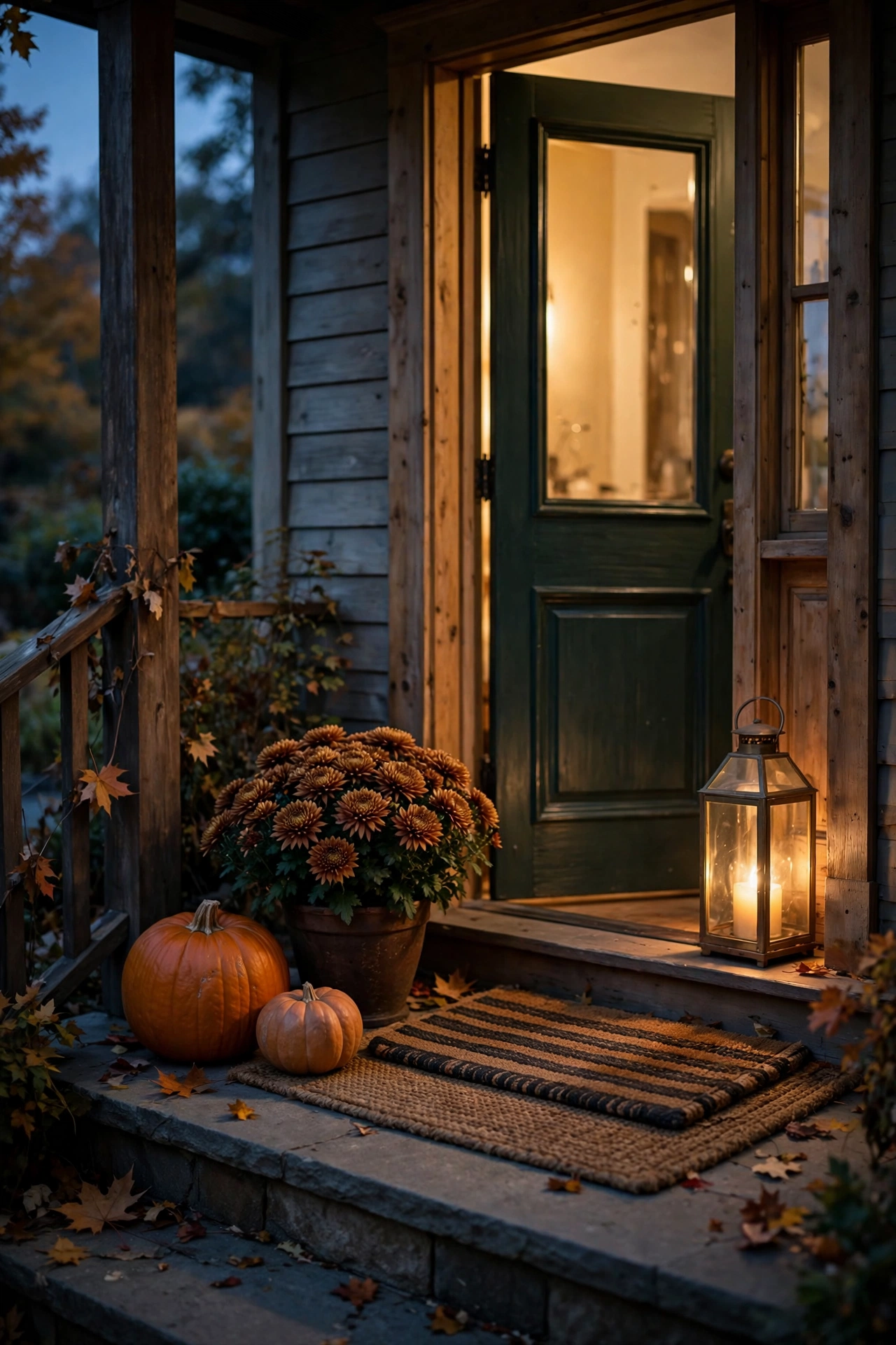 A welcoming autumn porch at dusk with layered mats, a glowing lantern and pumpkins