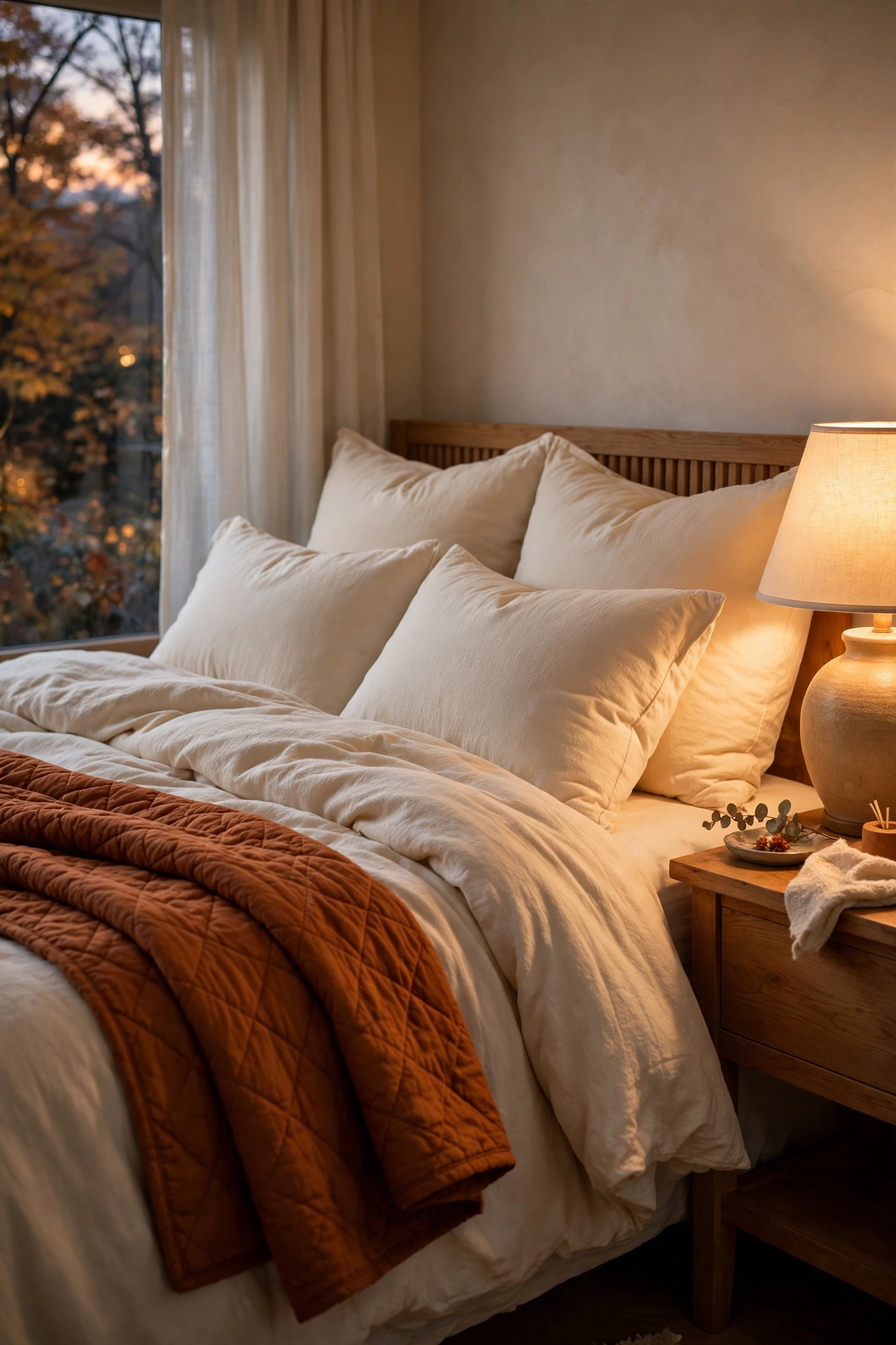 An inviting autumn bed with flannel bedding and a quilted rust throw