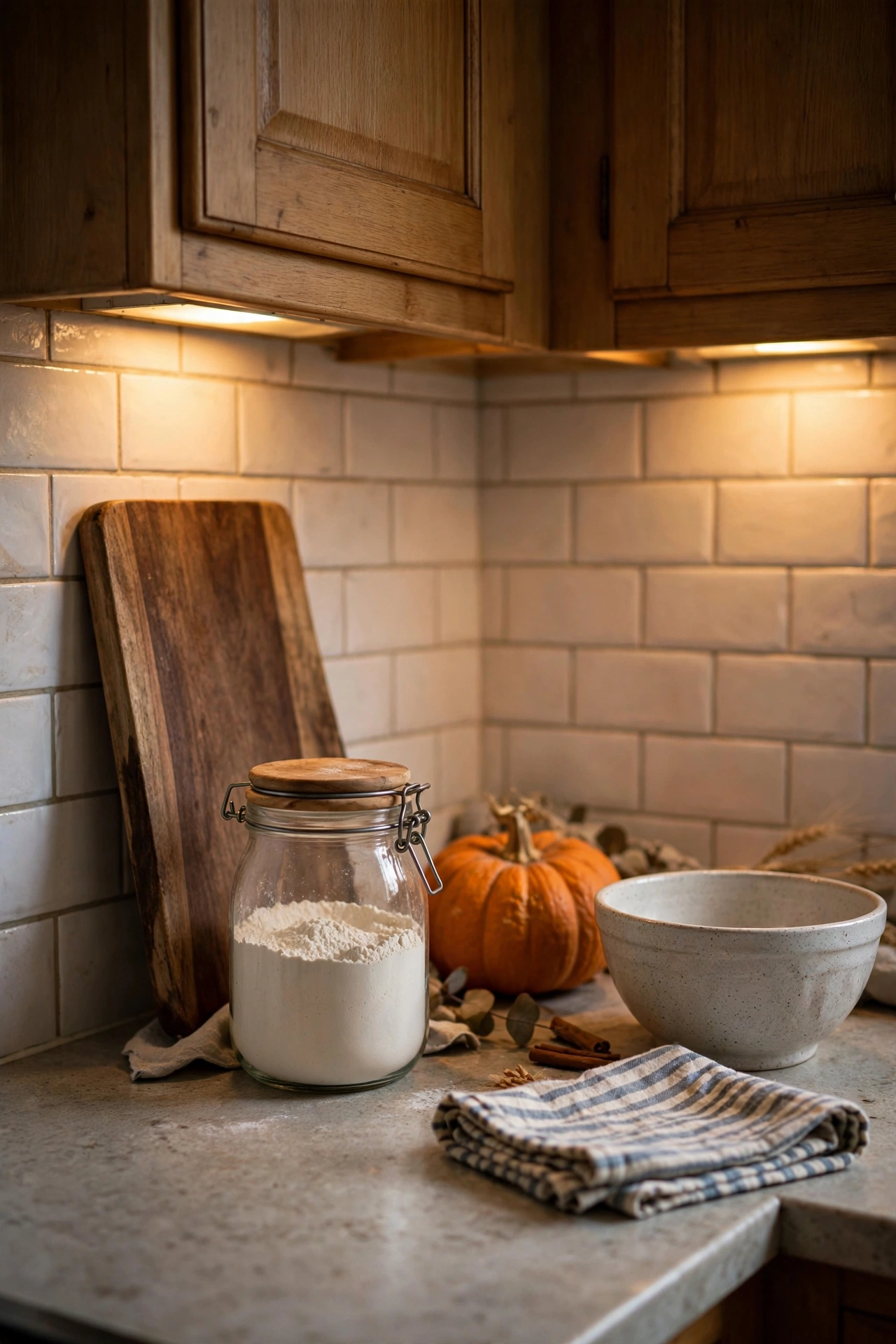 A cosy kitchen corner styled for autumn baking with a wooden board, flour jar and pumpkin