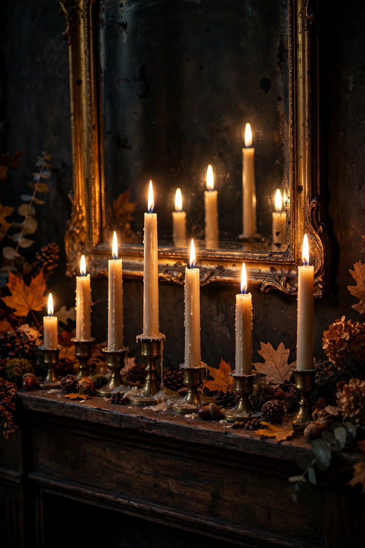 Lit taper candles on a dark wood mantelpiece with an aged gilt mirror