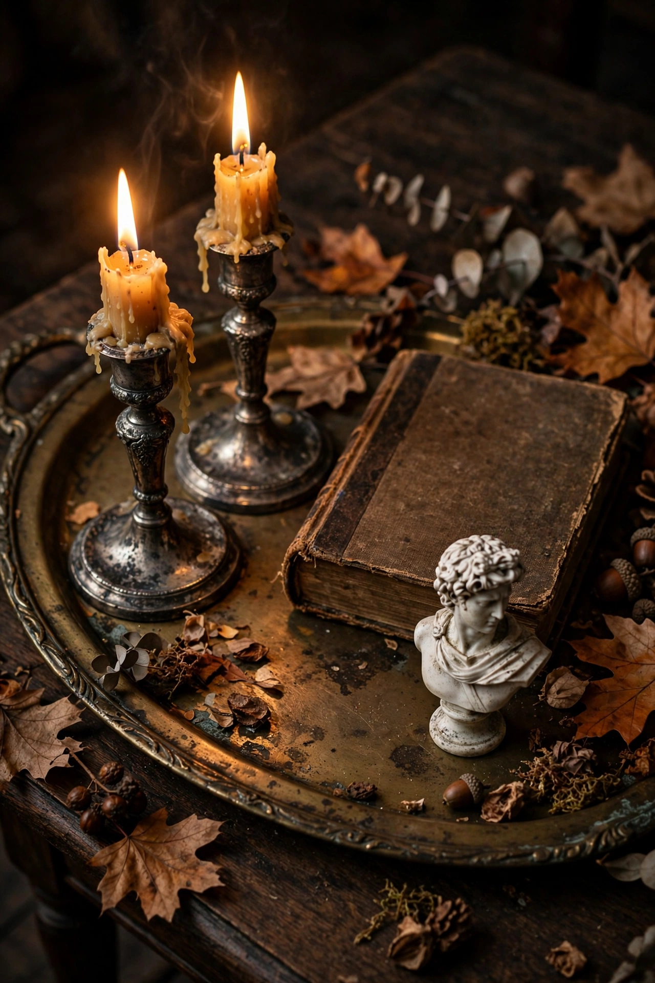 Brass tray with tarnished silver candlesticks and old books on a coffee table