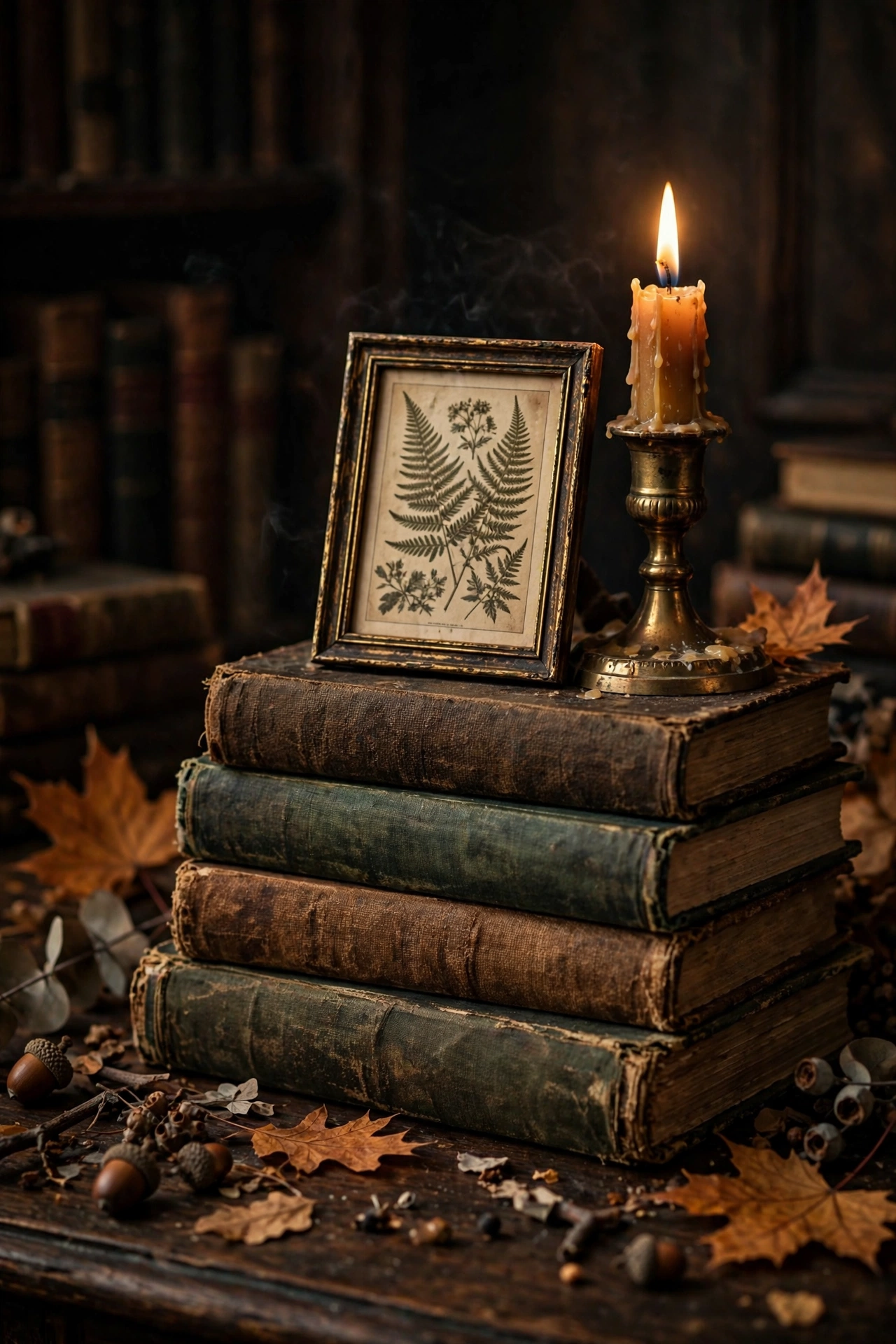 Stack of old cloth-bound books with a brass candlestick on a dark desk