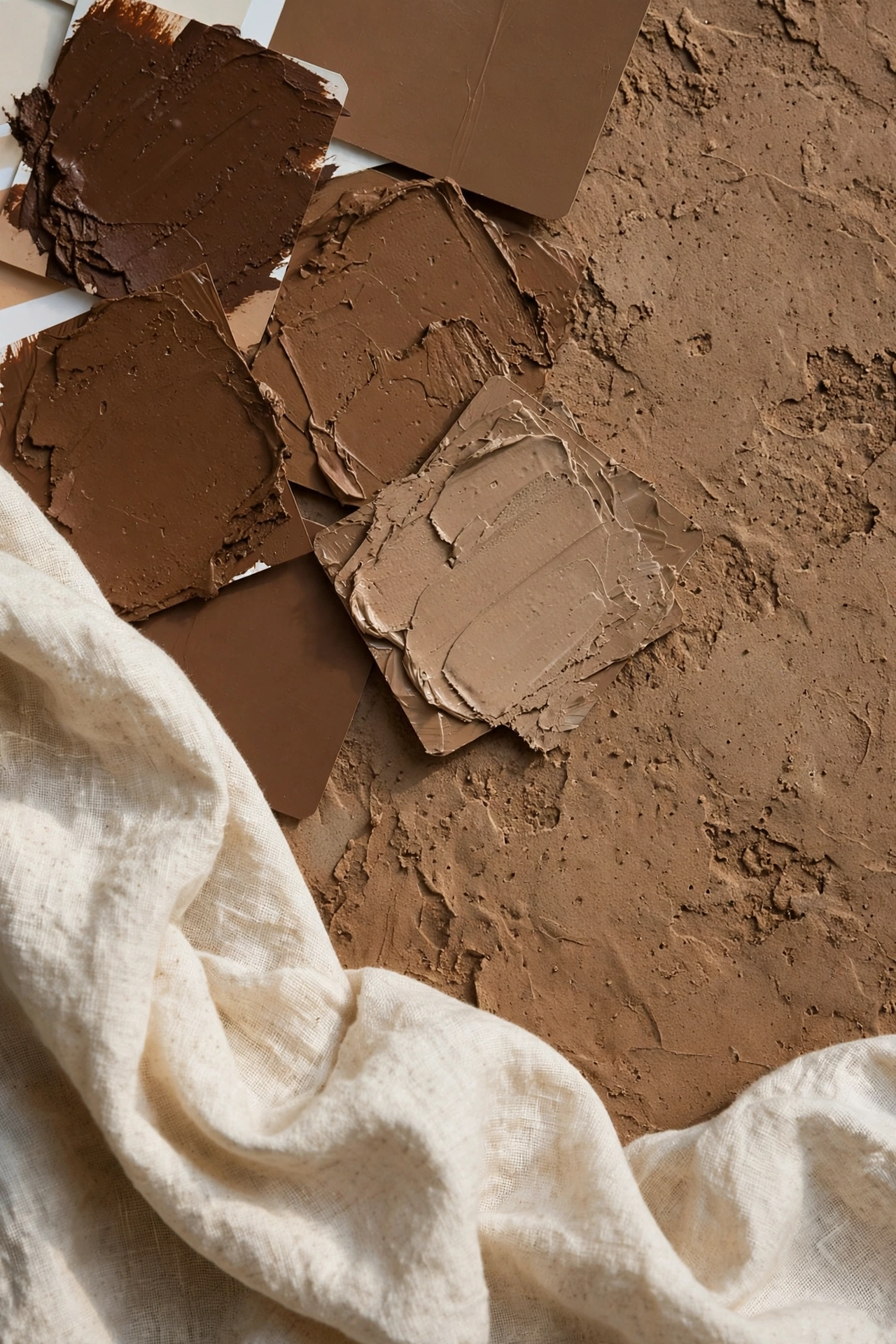 Earthy brown paint palette with cream linen in a warm living room