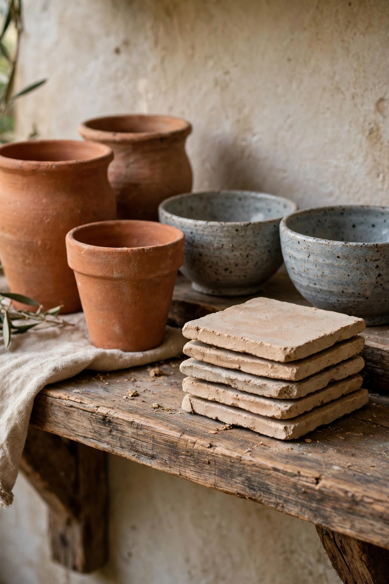 Unglazed terracotta pots and stoneware bowls on a wooden shelf