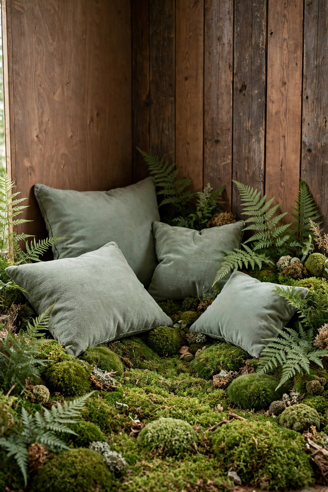 Moss, ferns and sage green cushions in a brown-toned corner