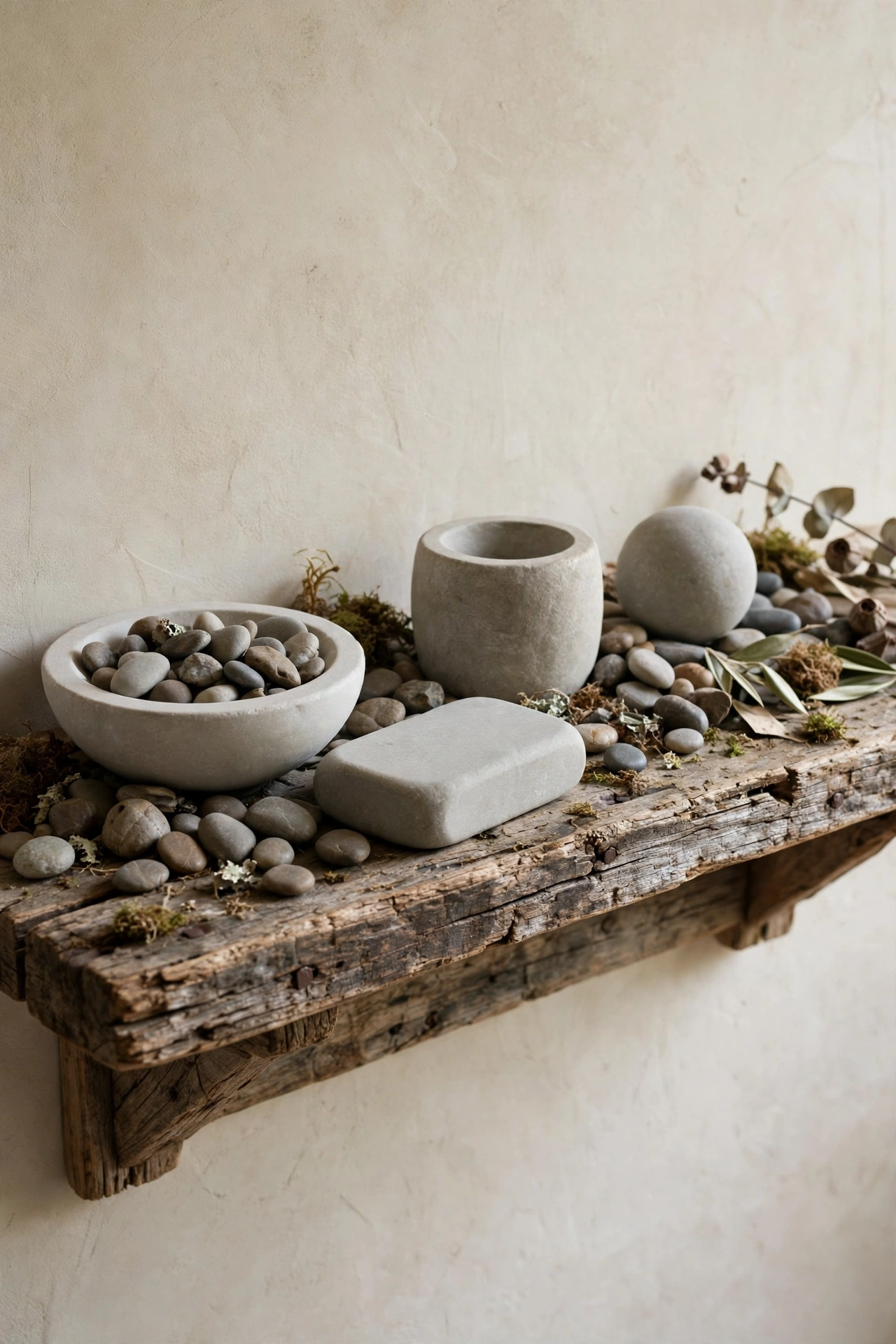 Raw reclaimed wood and honed stone surfaces with river pebbles