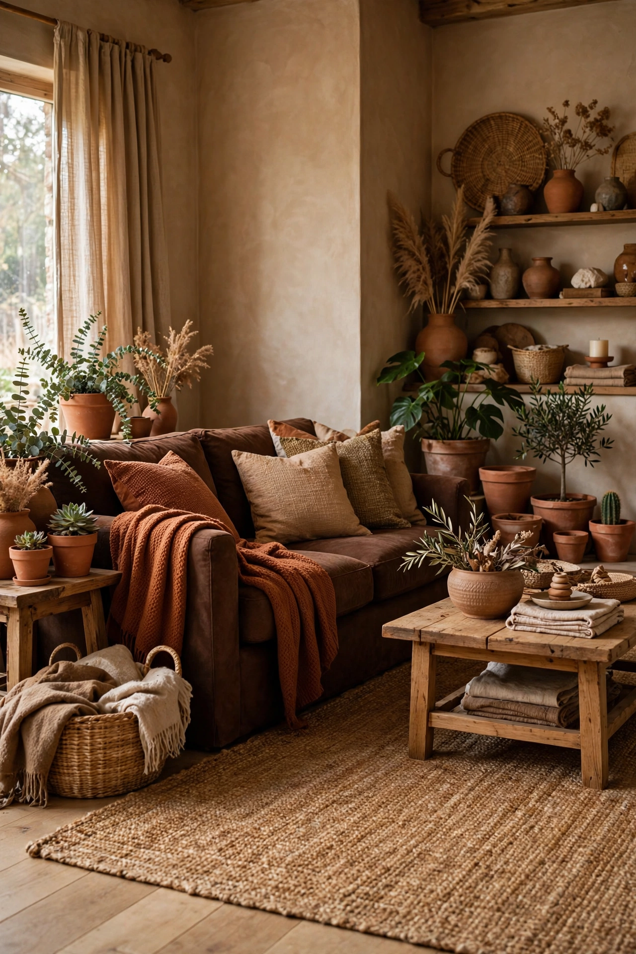 Layered dirtcore living room with a jute rug and rust throw