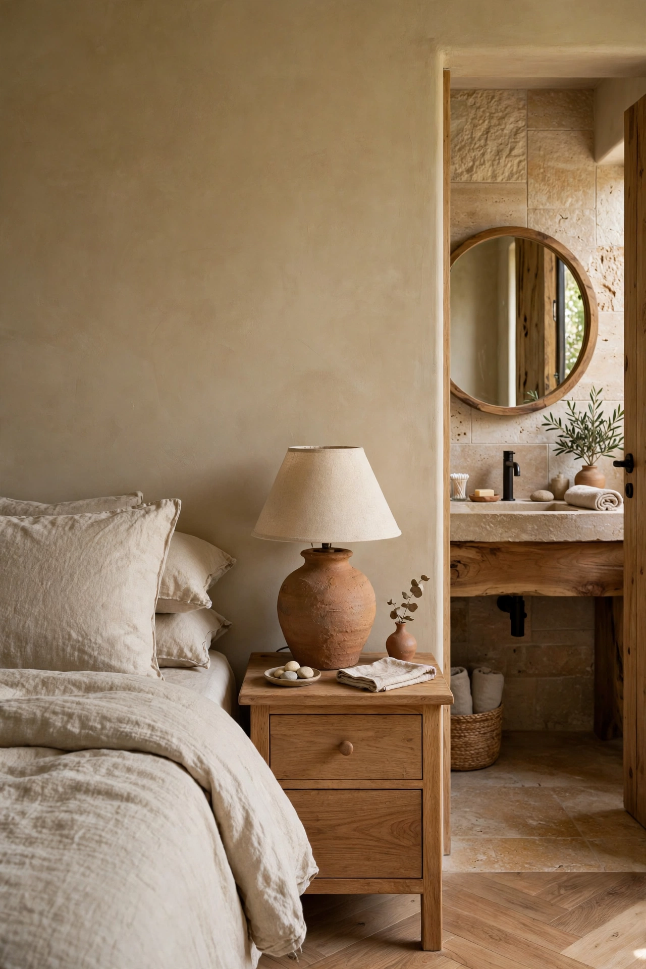 Earthy bedroom corner with oat linen bedding and a clay lamp