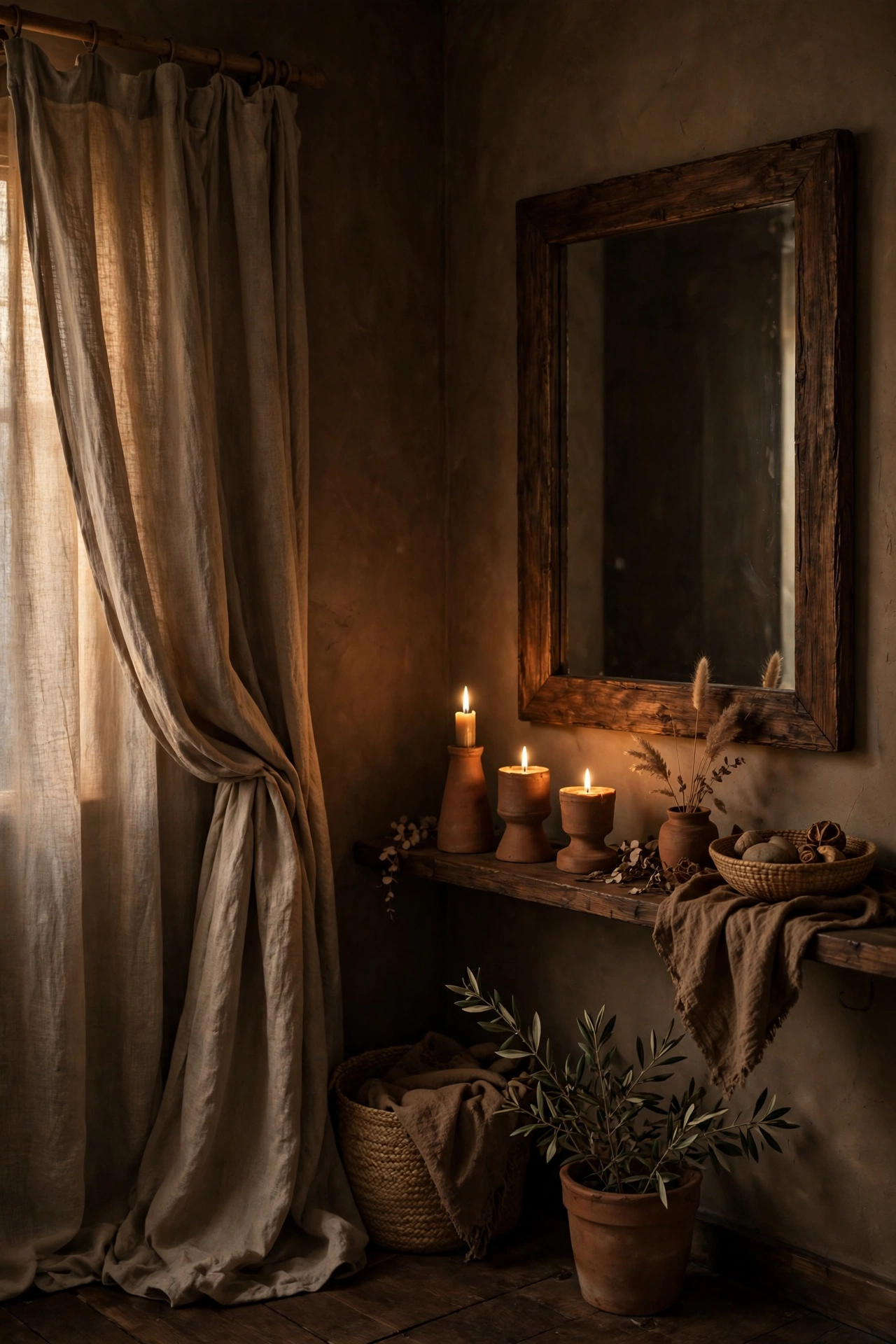 Warmly lit earthy room corner with linen curtains and terracotta candle holders
