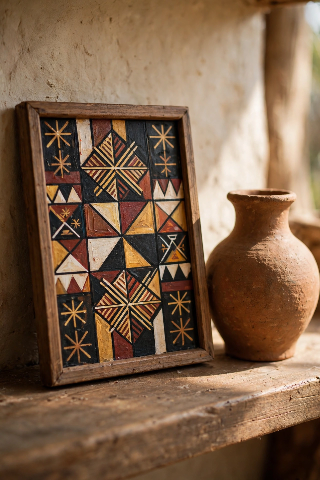 Small framed Ethiopian painting propped on a wooden shelf beside a clay vase