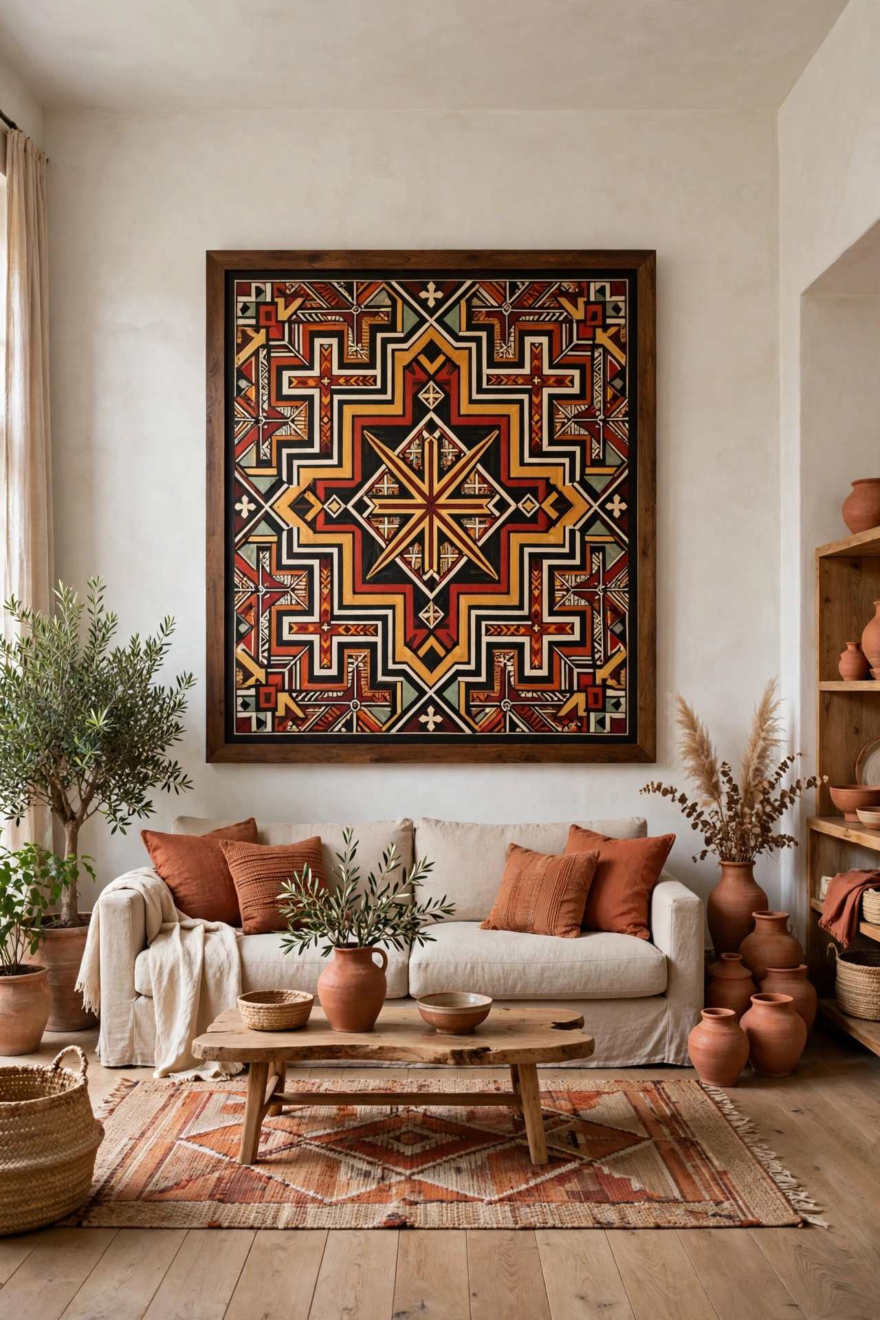 Large framed Ethiopian artwork above a linen sofa in a pale living room