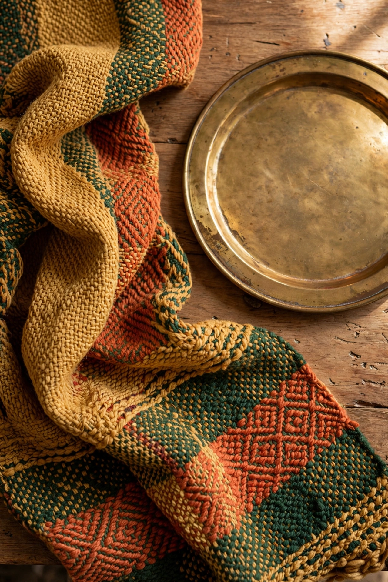 Ochre, terracotta and deep green woven textile with a brass tray