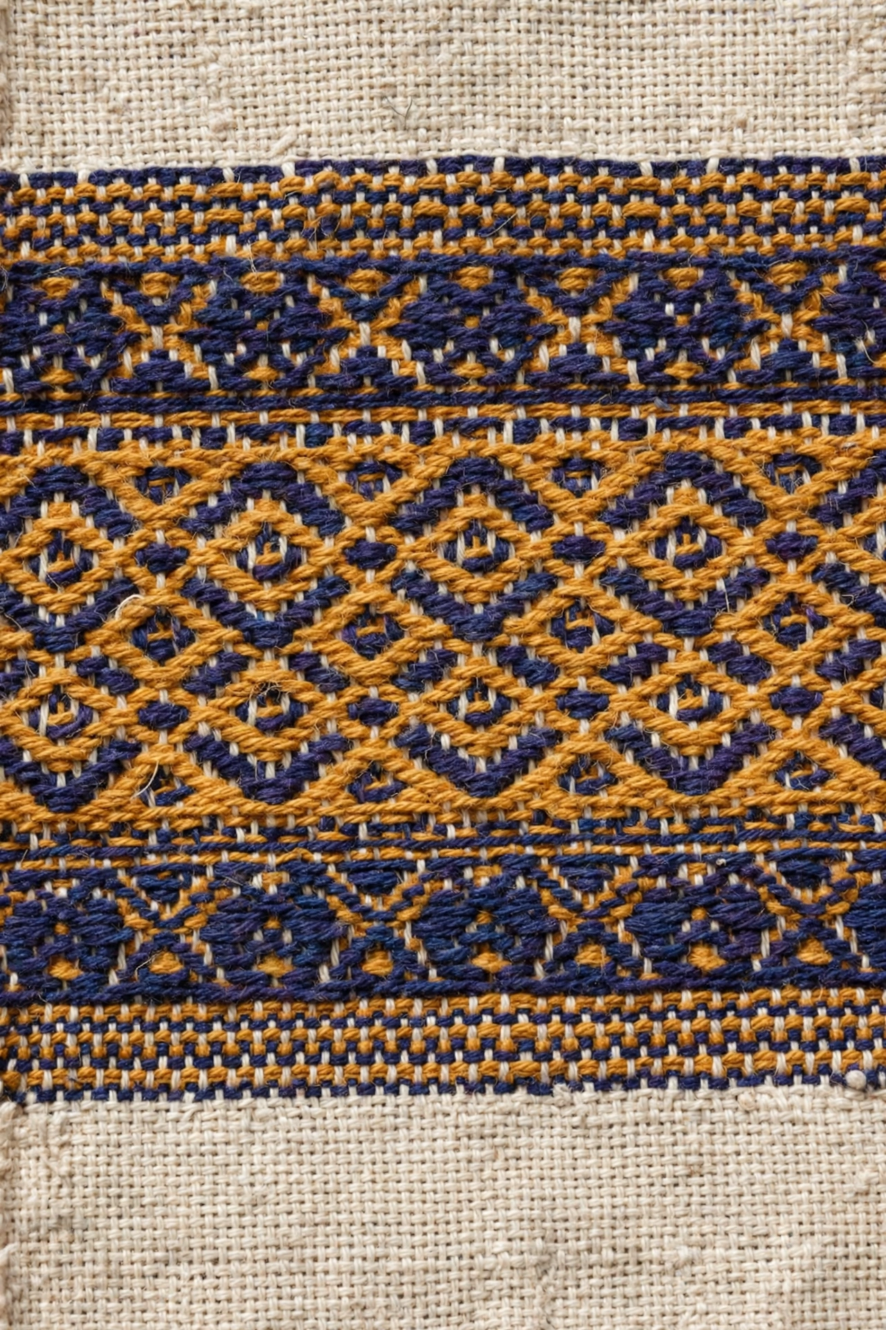 Geometric Ethiopian woven border pattern in ochre and indigo on cotton cloth