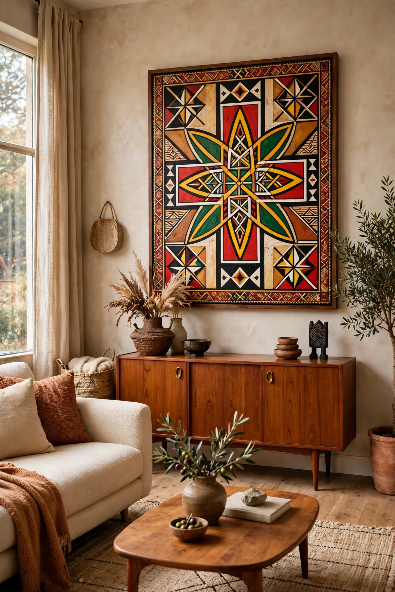 Ethiopian artwork mixed with a modern sofa and teak sideboard