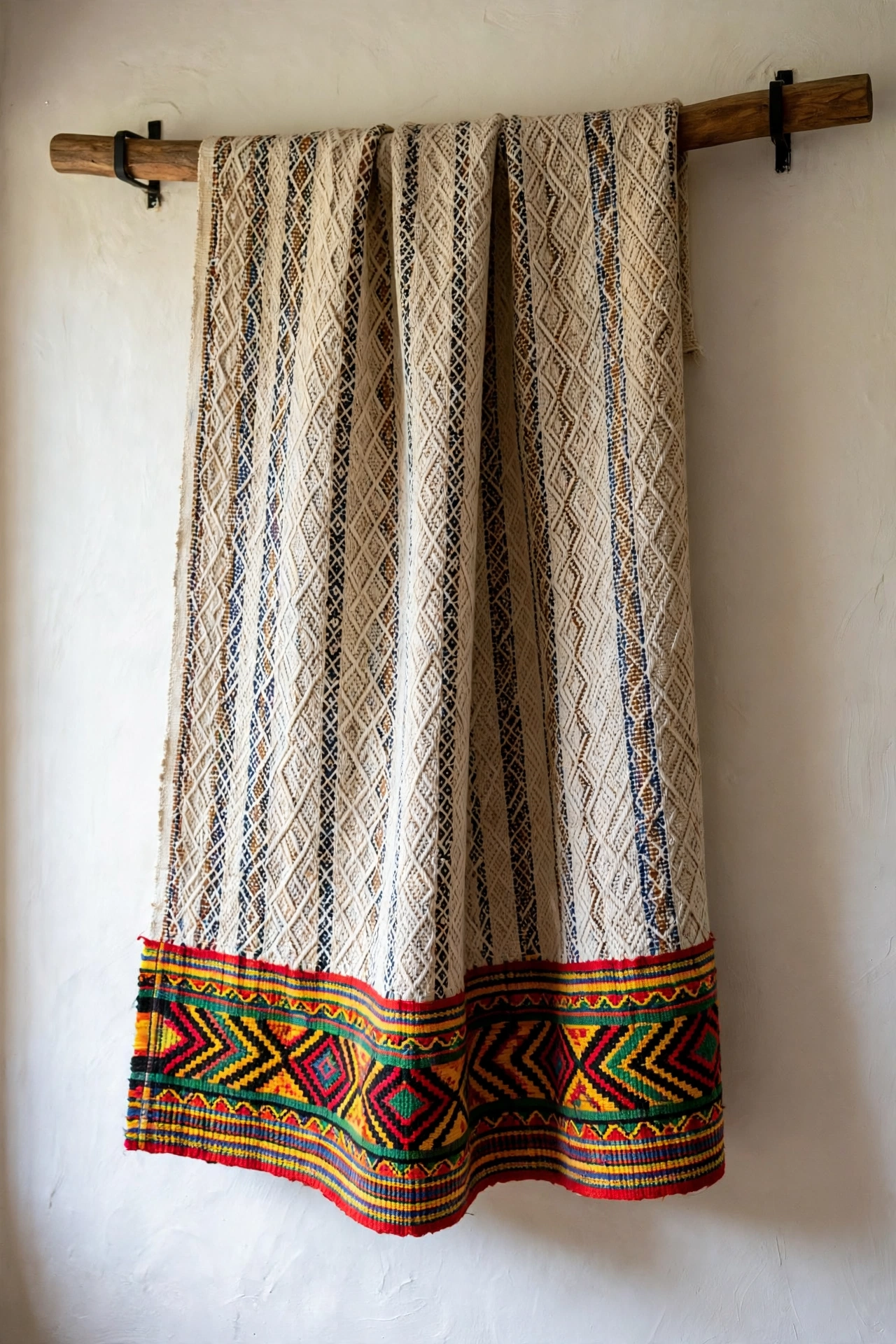 Handwoven Ethiopian textile panel hanging on a wooden rail