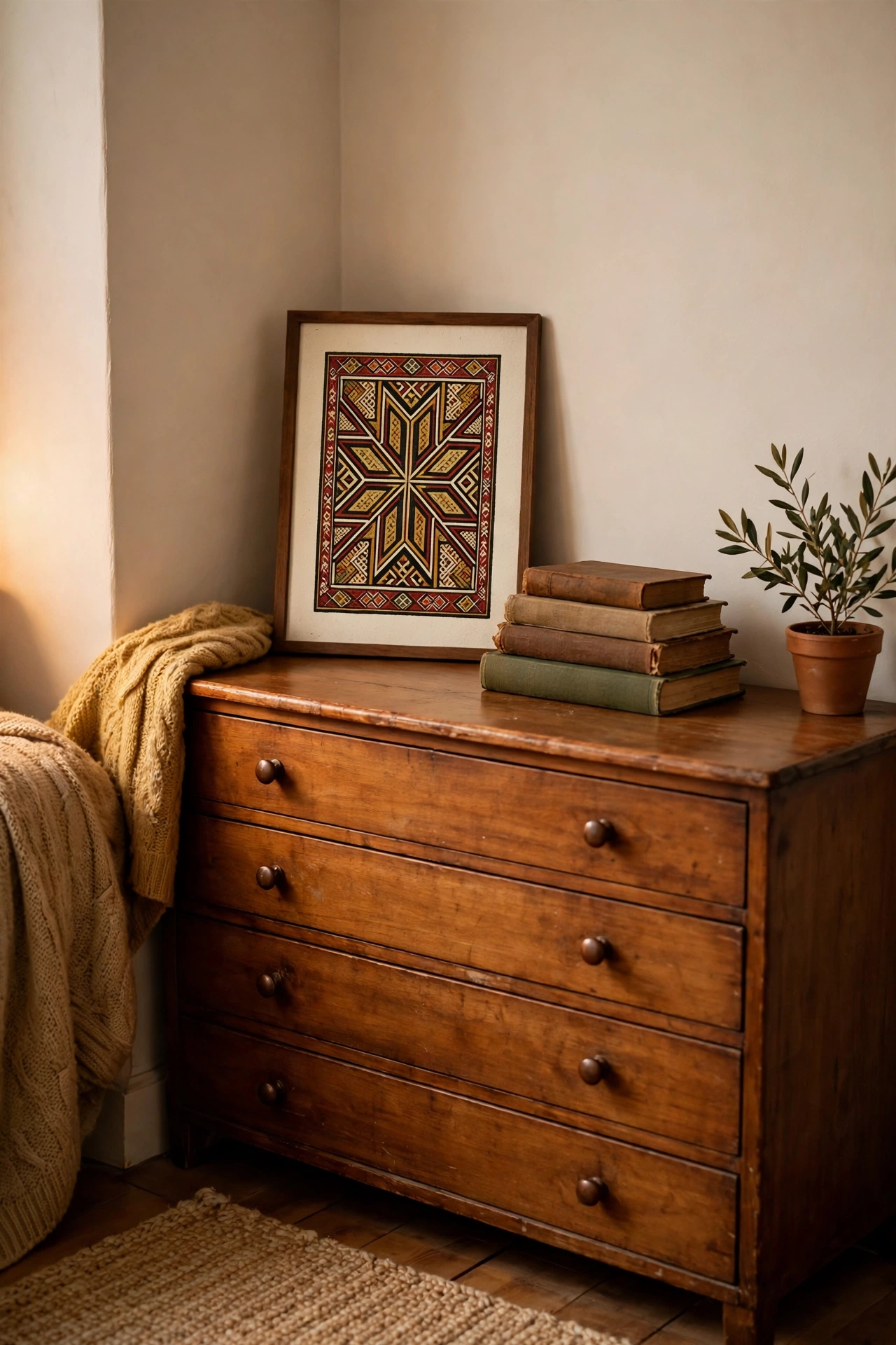 Small framed Ethiopian print leaning on a chest of drawers in a rented room