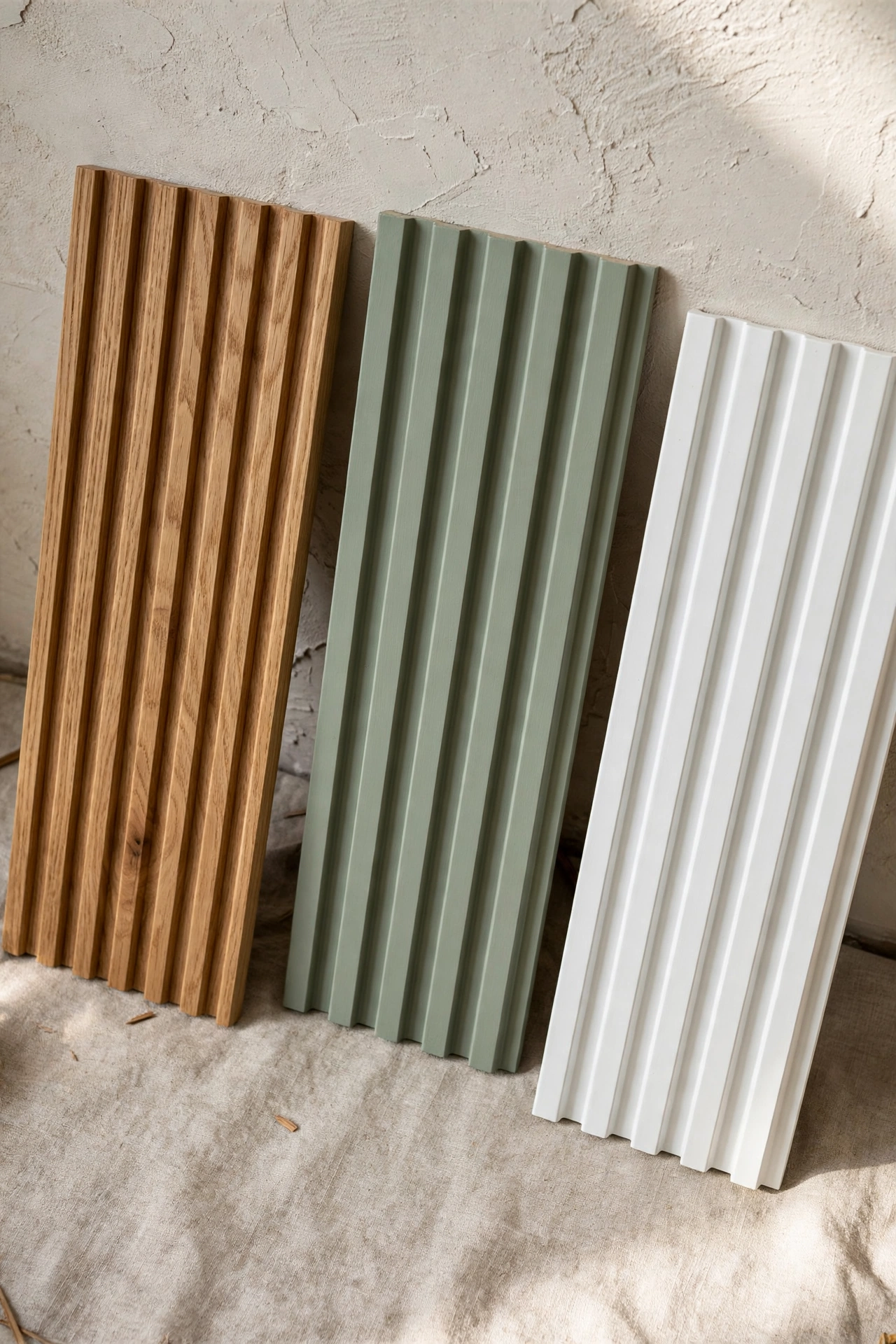 Fluted panel material samples in oak, MDF, and PVC