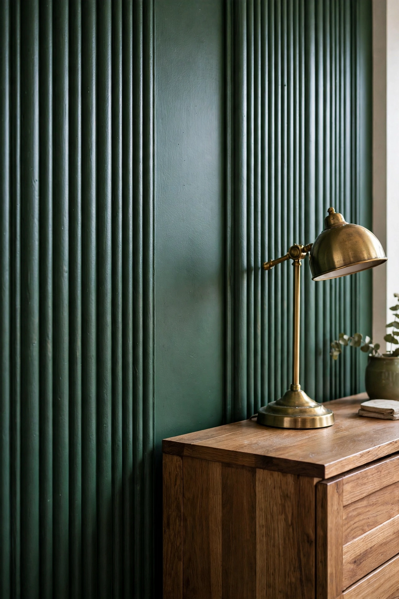 Deep green painted fluted panels beside a timber sideboard