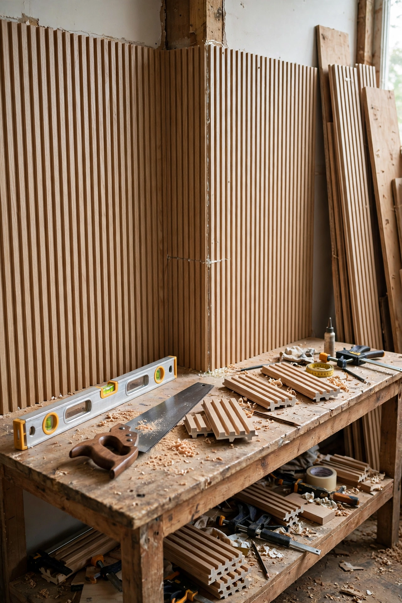 Fluted panels being fitted with a spirit level