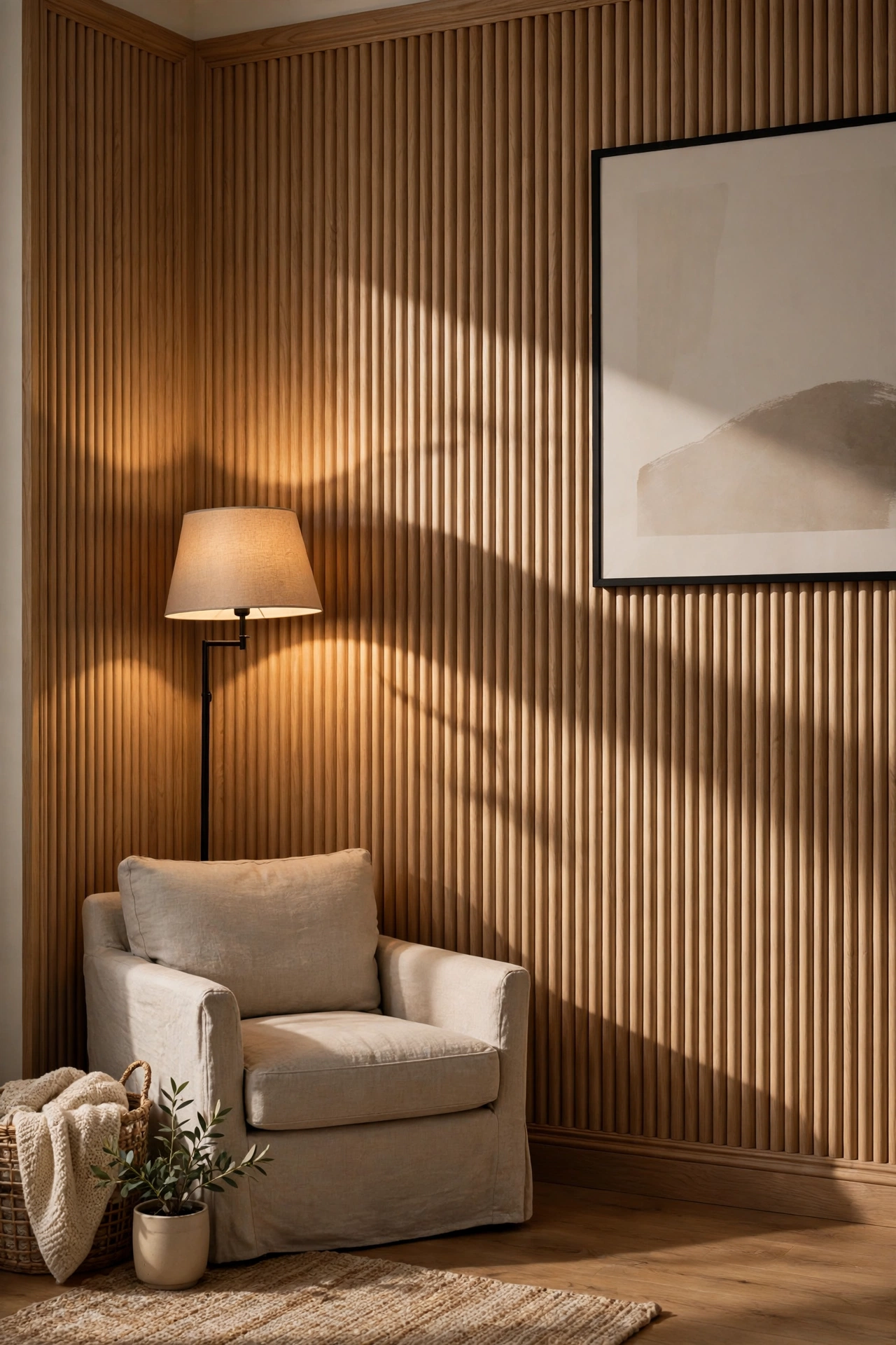 Fluted panel wall in a calm living room corner
