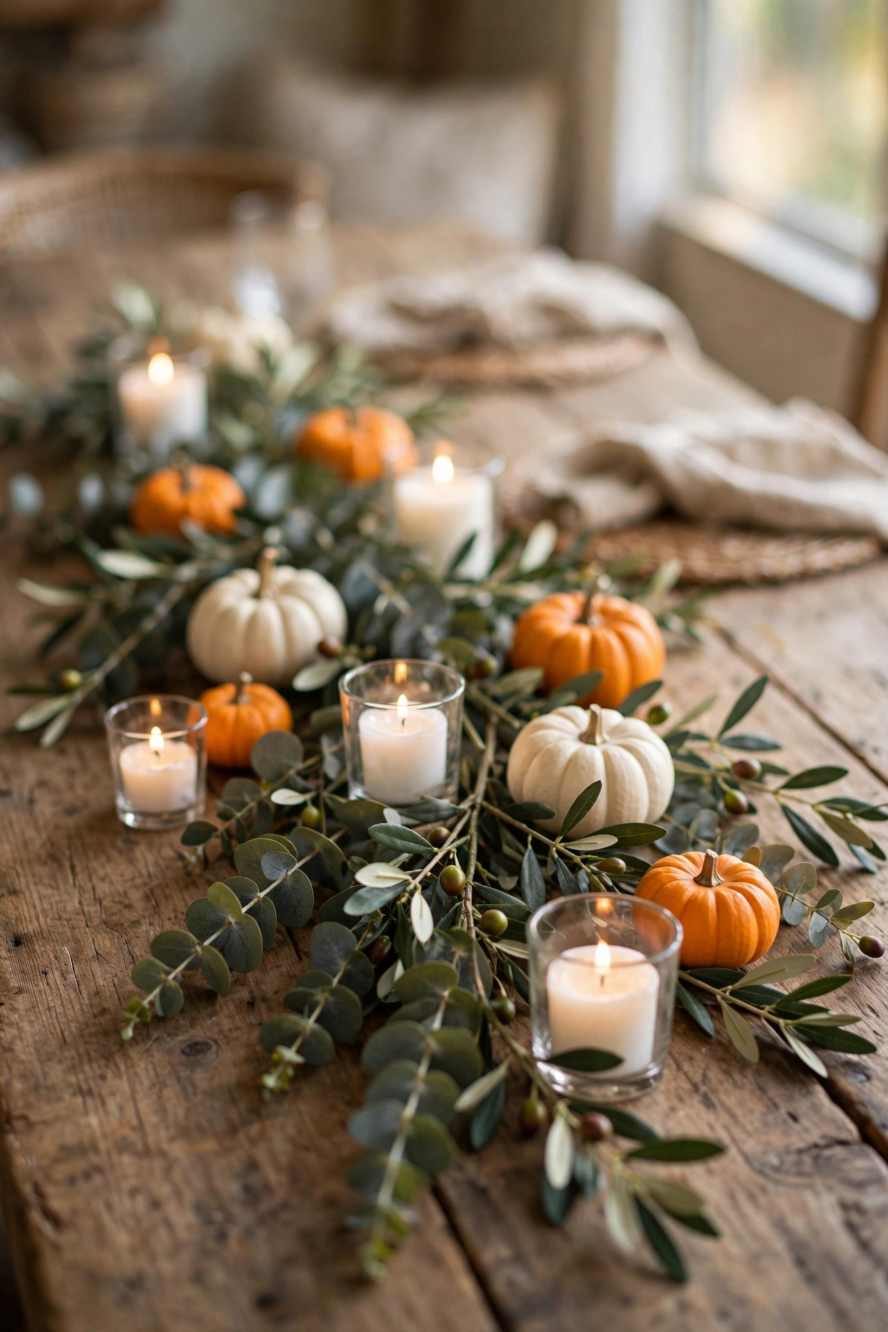 A low eucalyptus runner with mini pumpkins keeps conversation flowing across the table.