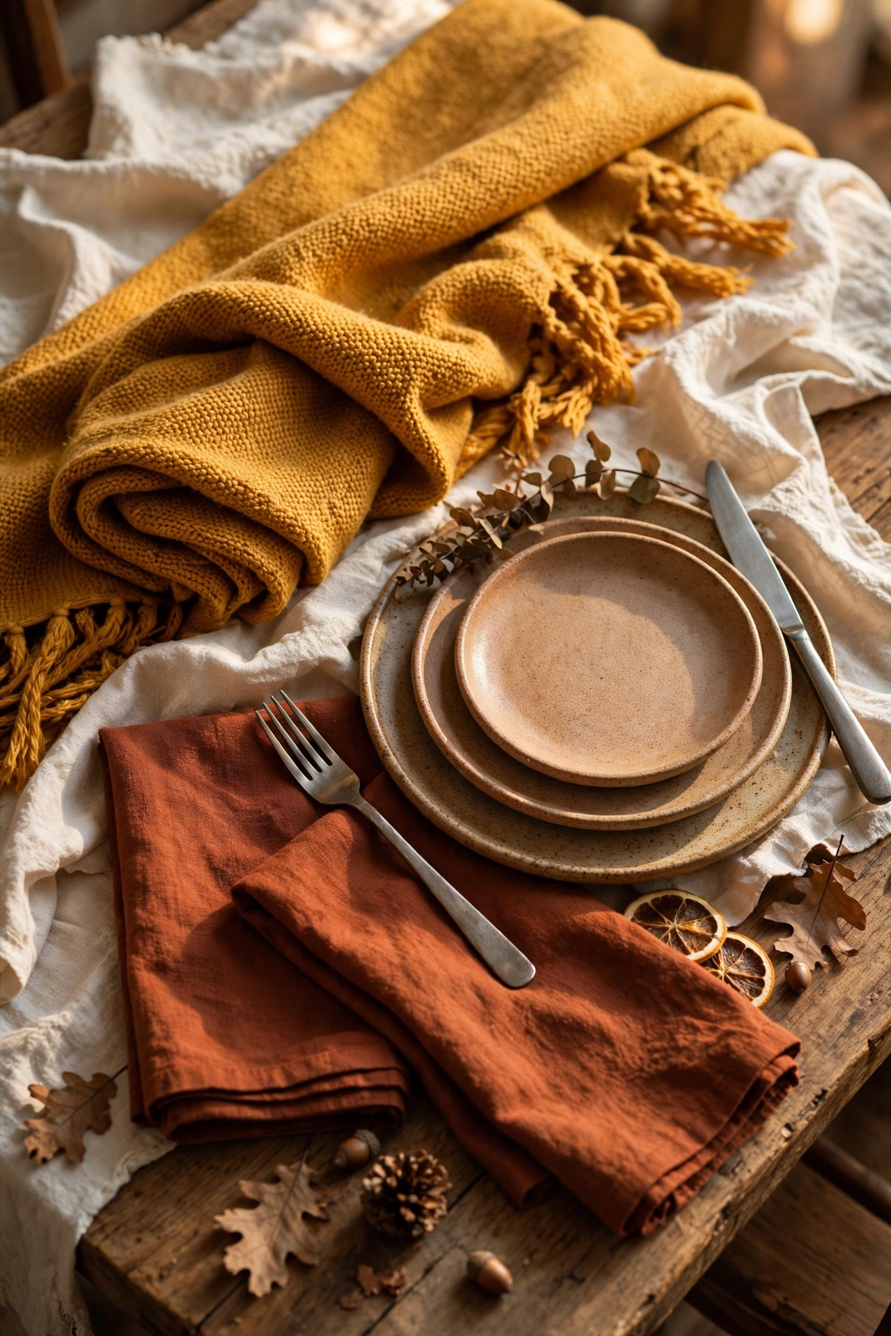 Layered textiles in warm autumn tones make the table feel collected, not staged.