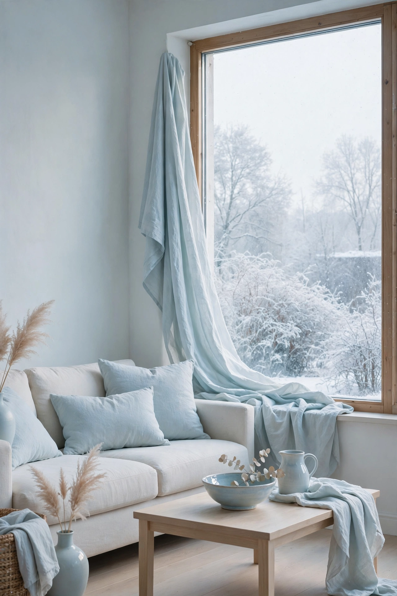 Pale ice blue near a window brightens a January room without a single lamp.