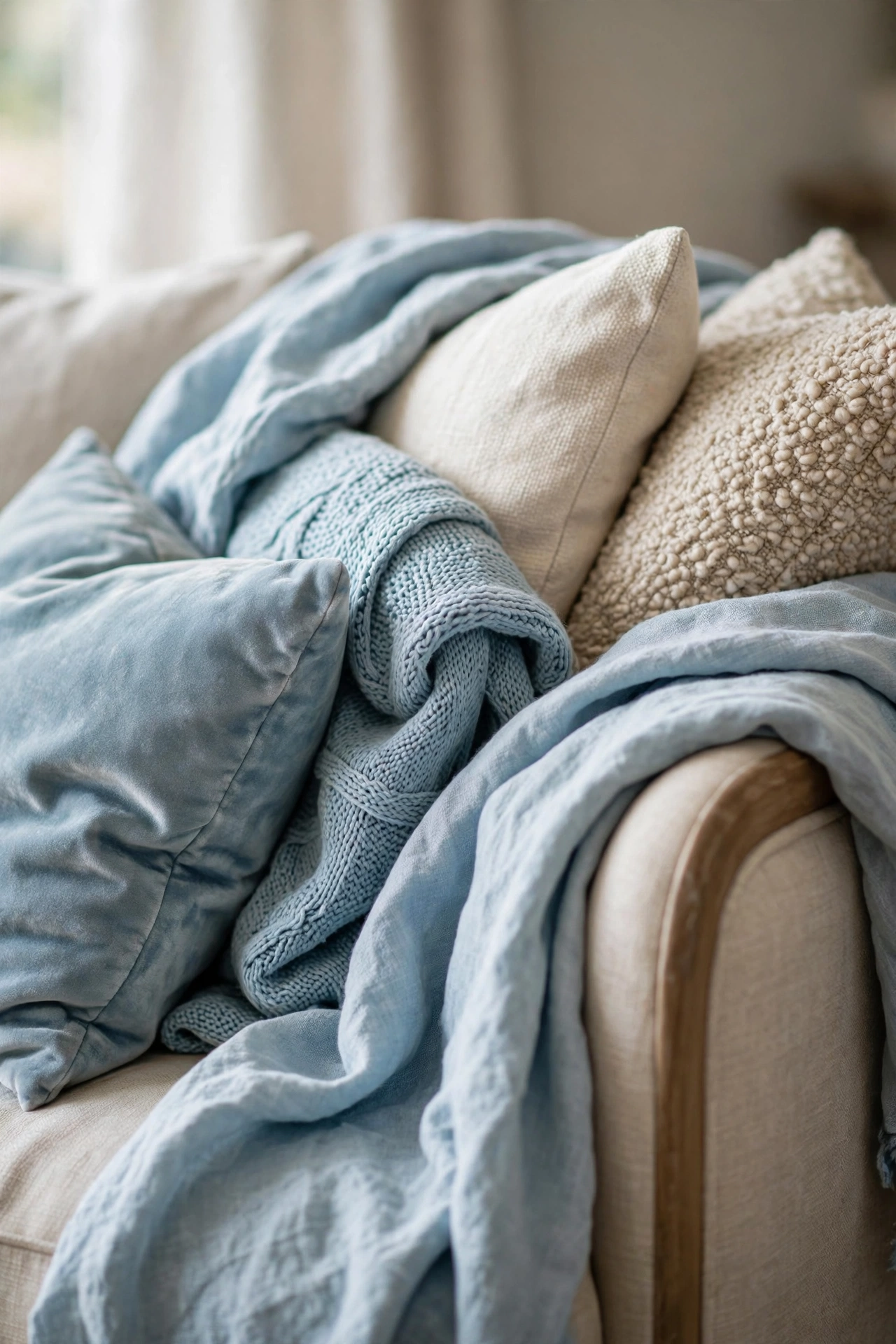 An ice-blue throw and mixed velvet and linen cushions layered on a light sofa.