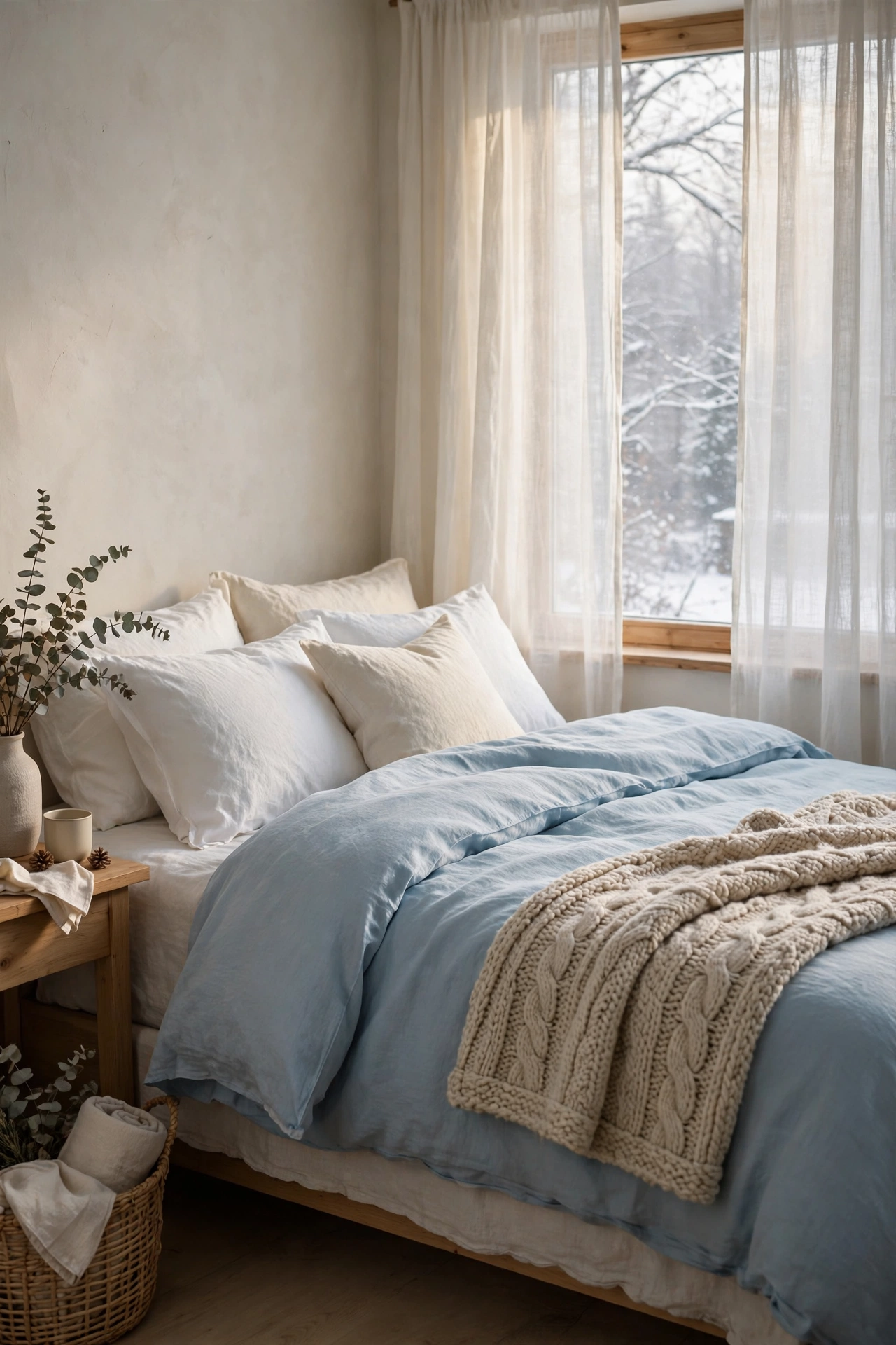 A calm bedroom with ice-blue bedding, white pillows, and a knit throw.