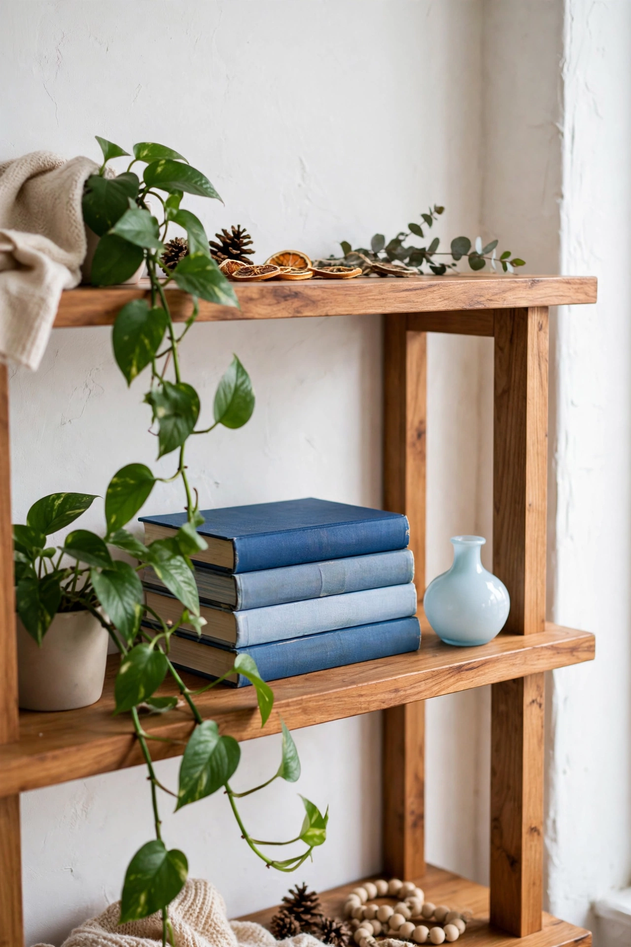 A styled shelf with blue-spined books, pale blue glass, and a trailing plant.