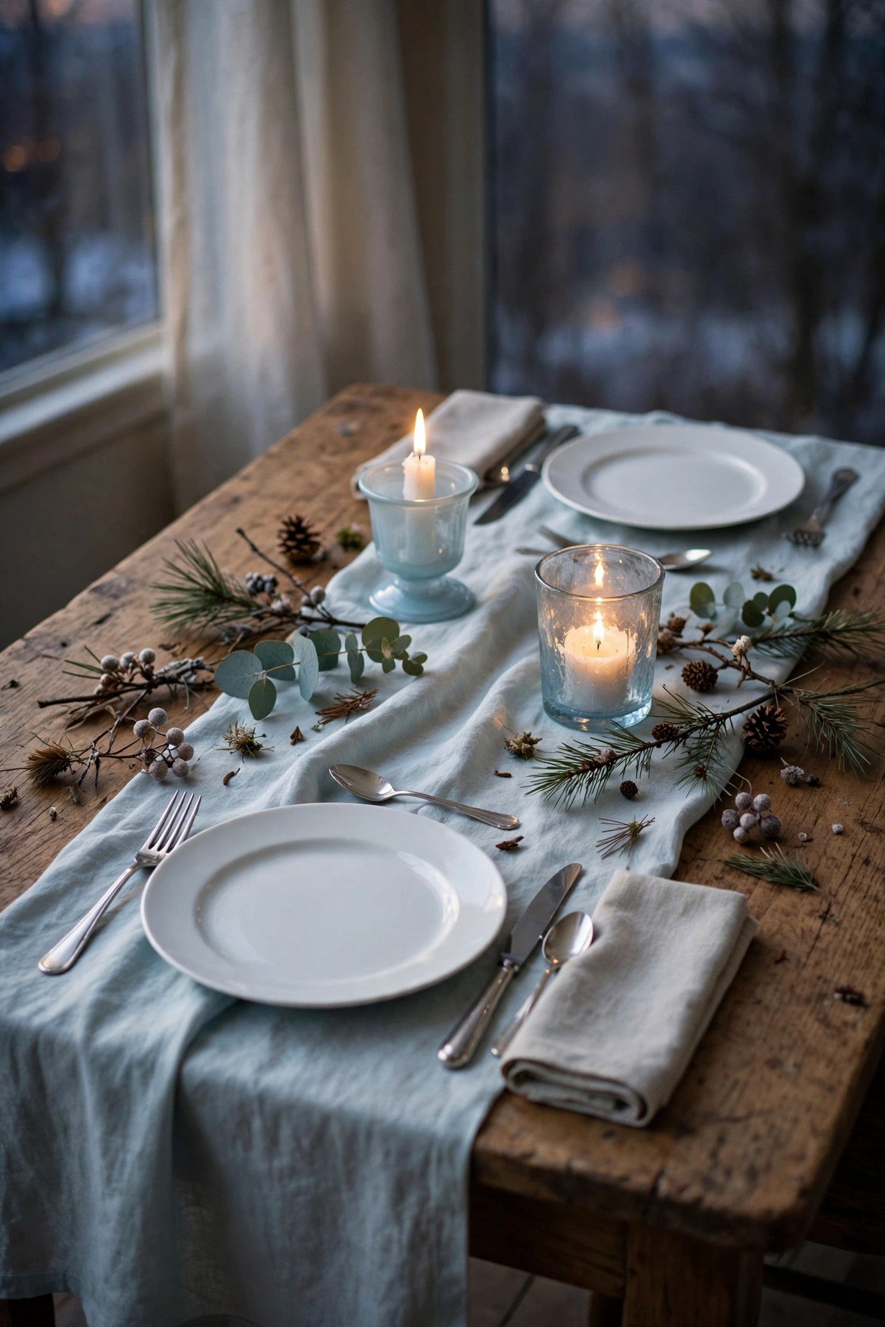 A pale blue runner with white place settings and candles for a January table.