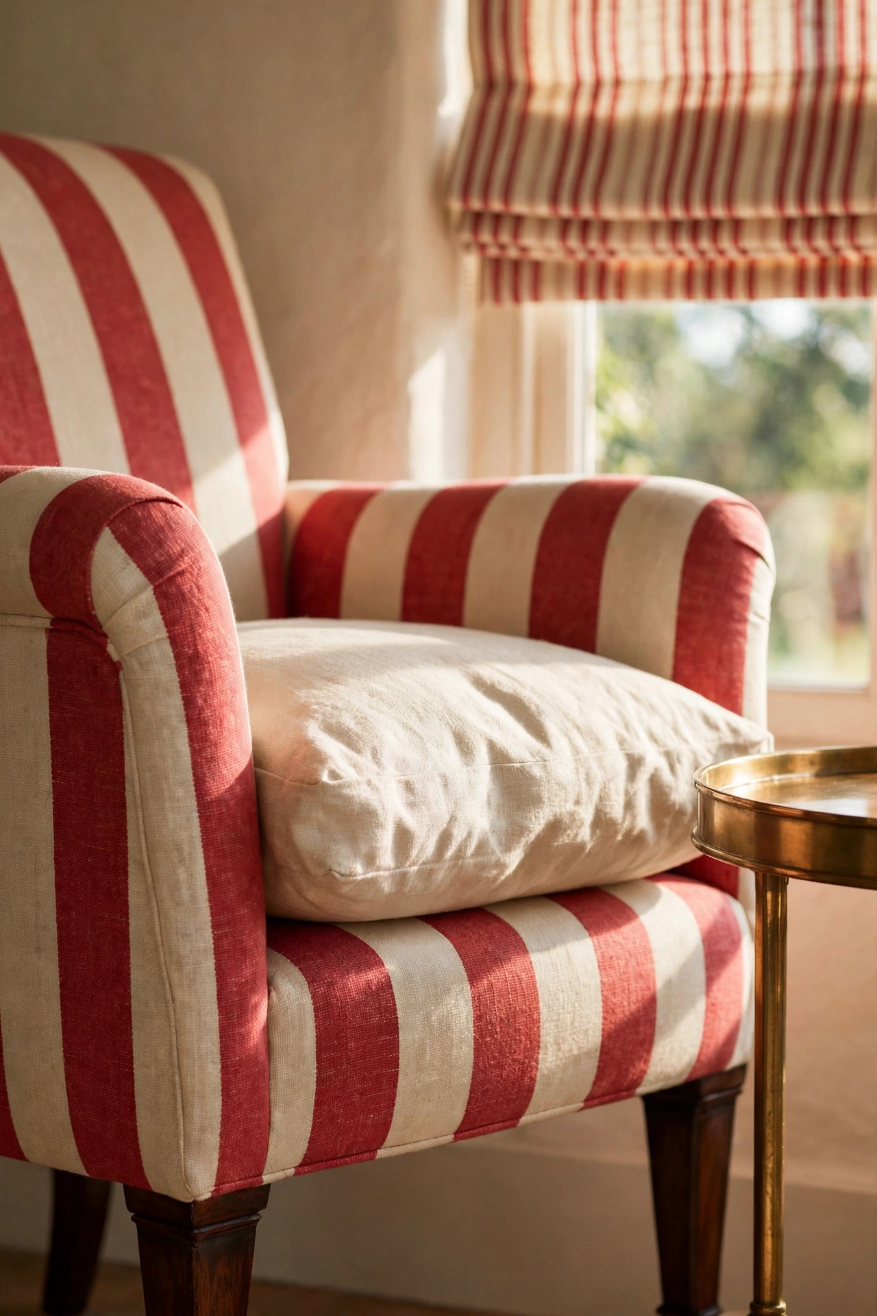 Broad awning stripes in ticking fabric anchor the FunHaus look
