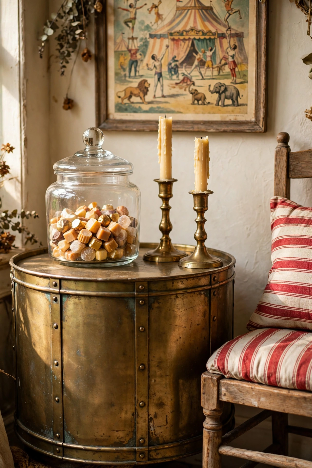 Vintage circus details like framed posters and brass keep the look grown-up