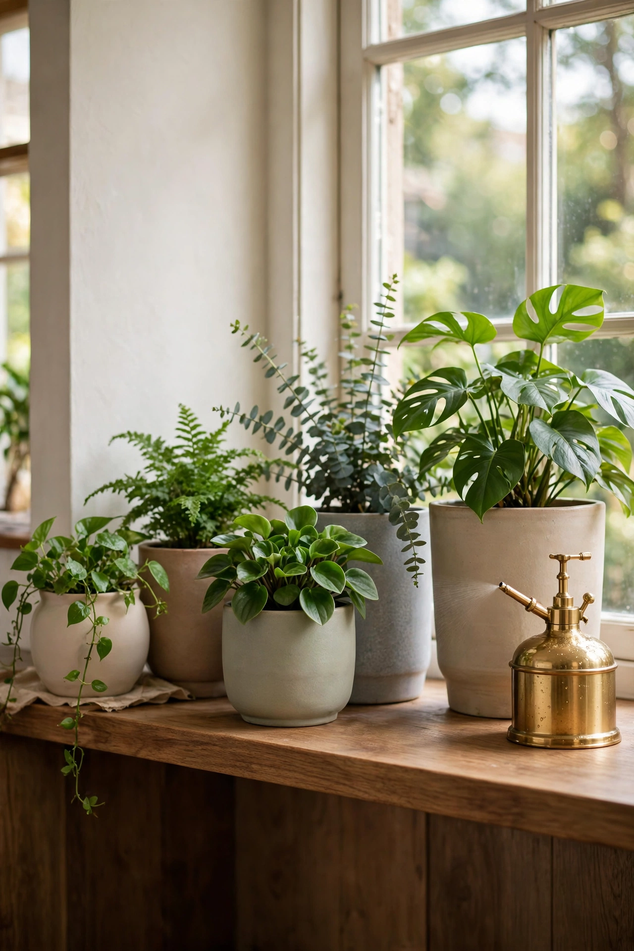 Ceramic planters grouped on a shelf by a window