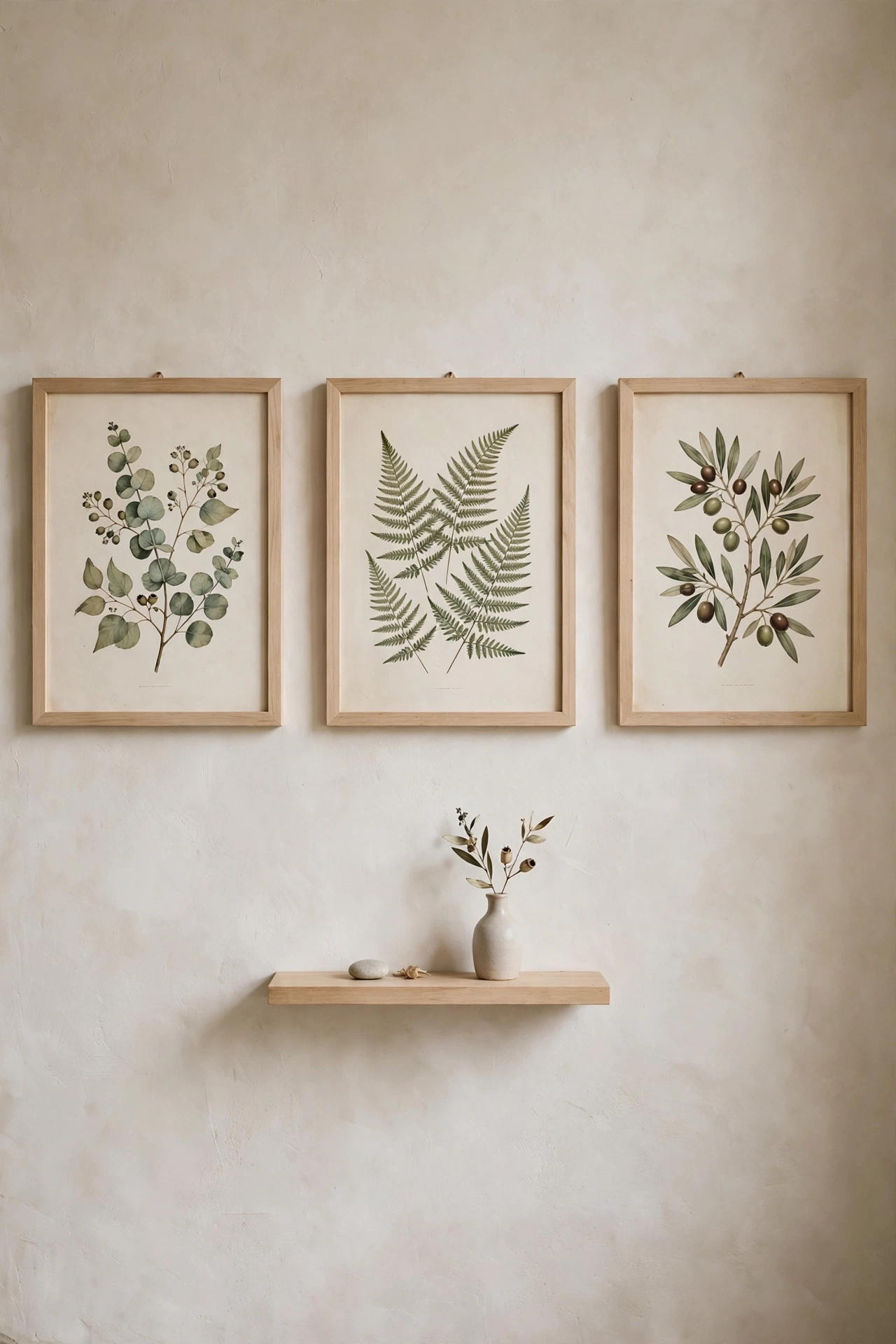 Botanical prints hung in a row above a floating shelf