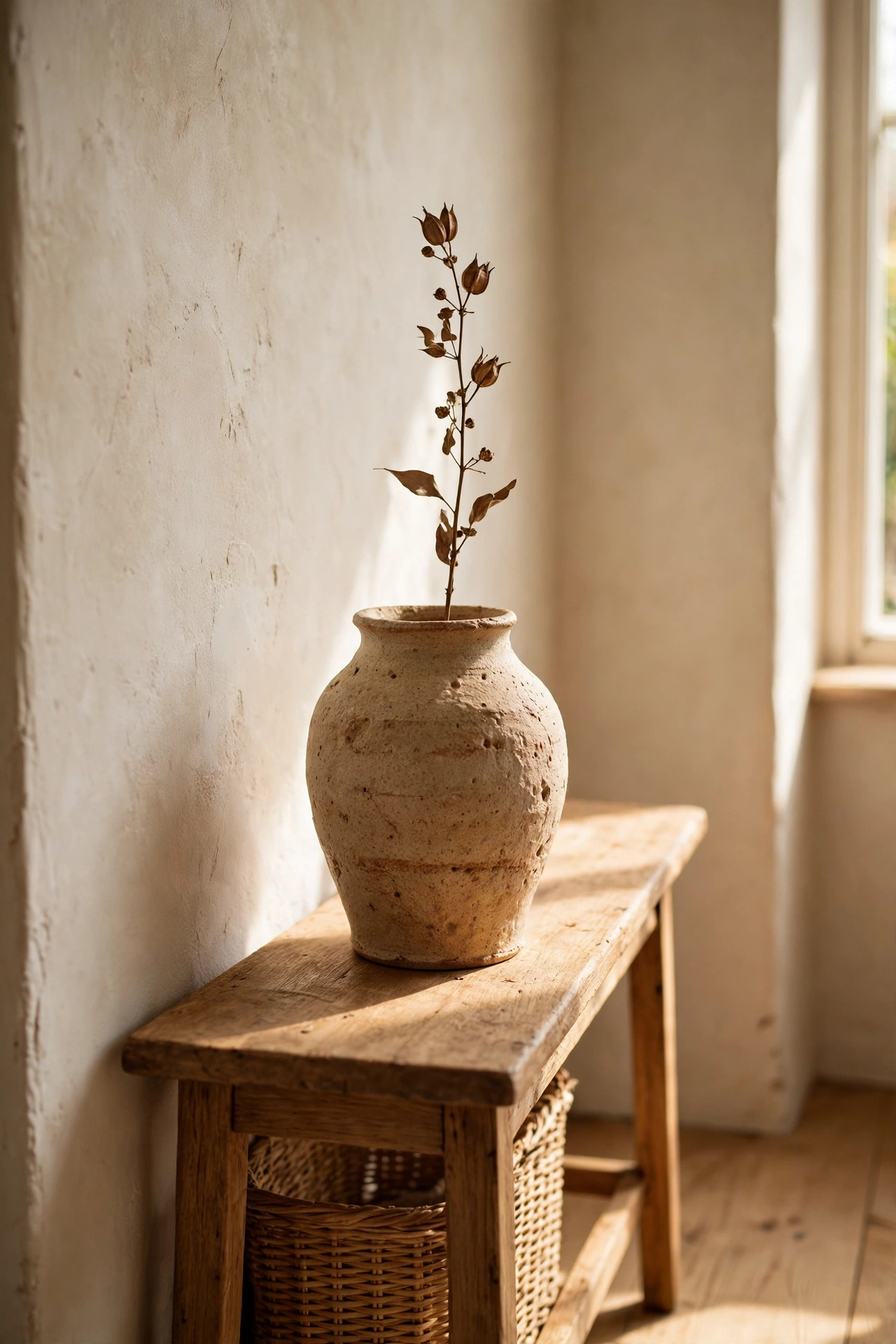A hand-thrown vase holding a single stem