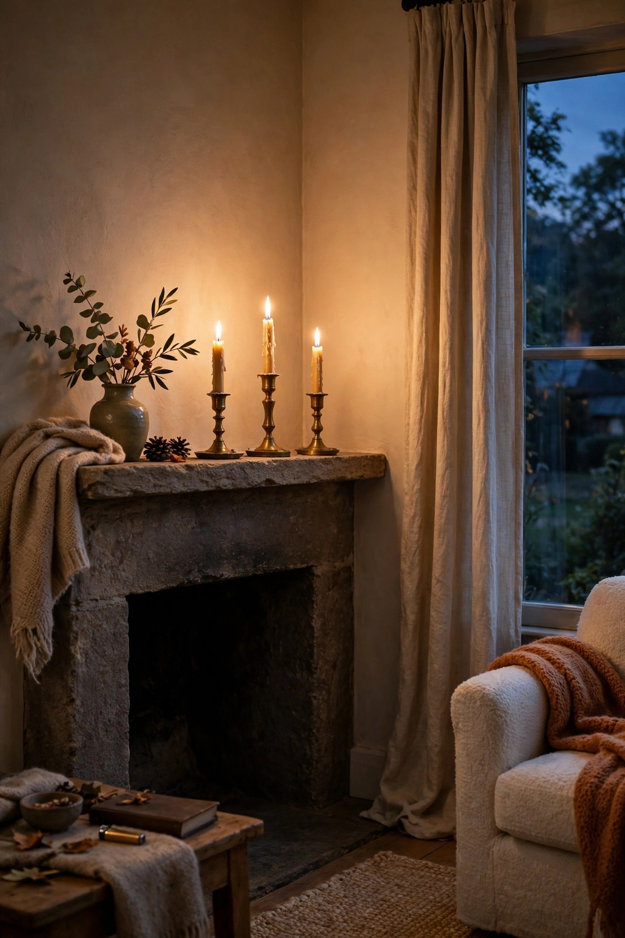Lit candles in brass holders glowing on a mantel