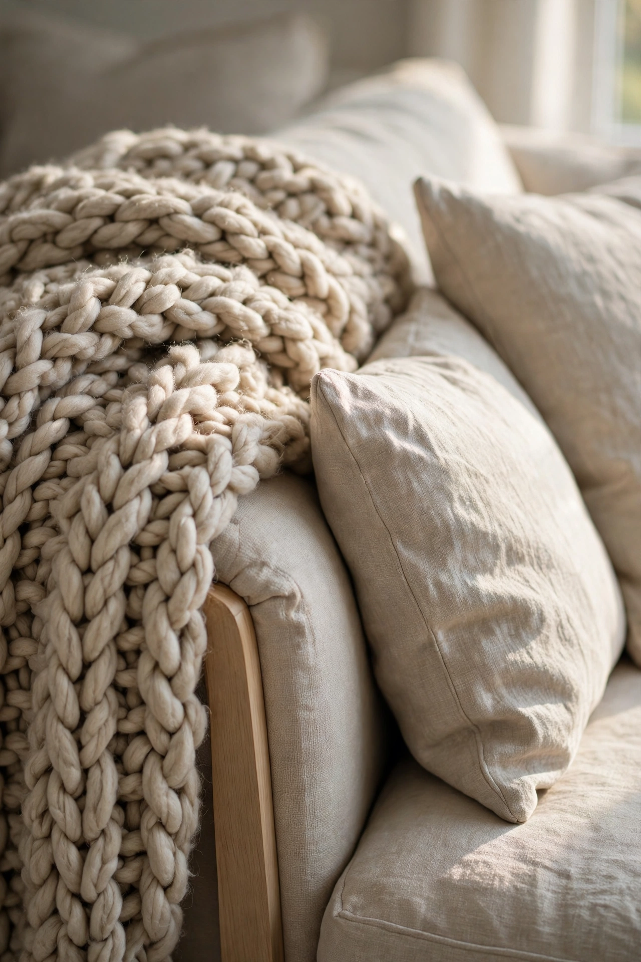 A chunky oatmeal throw draped over a sofa arm