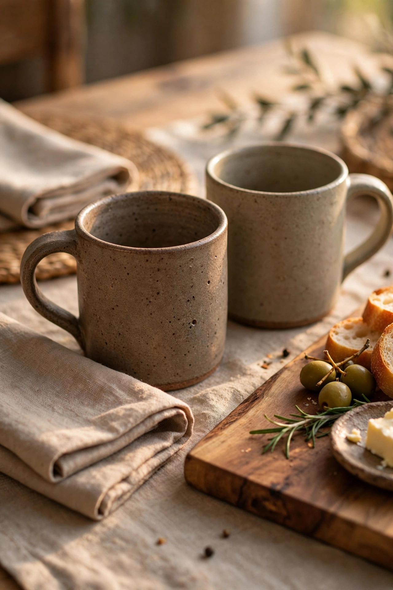 A set table with stoneware mugs and a wooden serving board