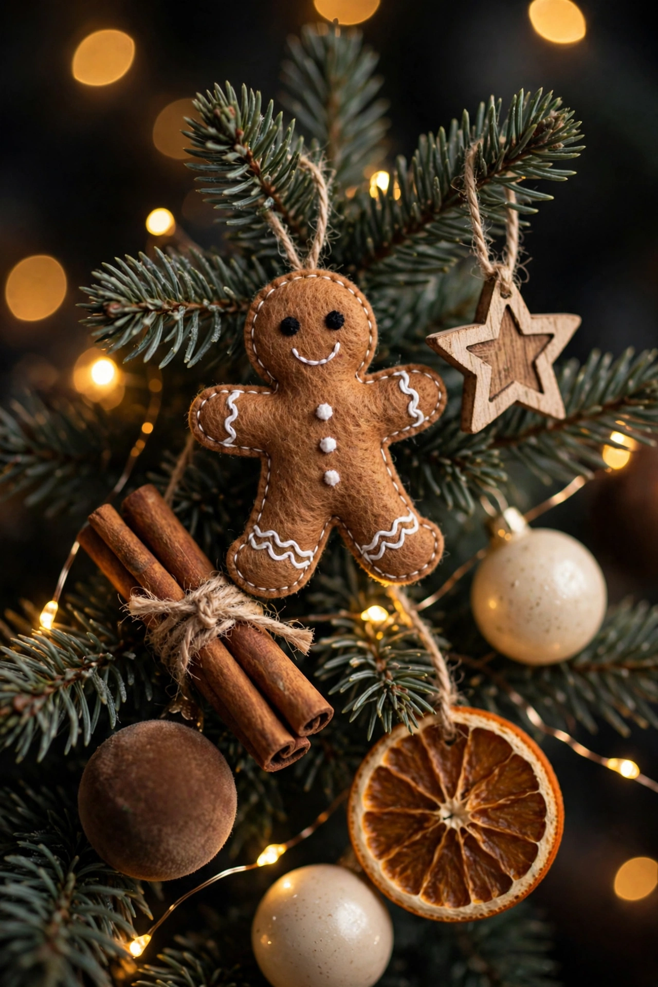 Christmas tree dressed with gingerbread ornaments, cinnamon sticks and warm fairy lights
