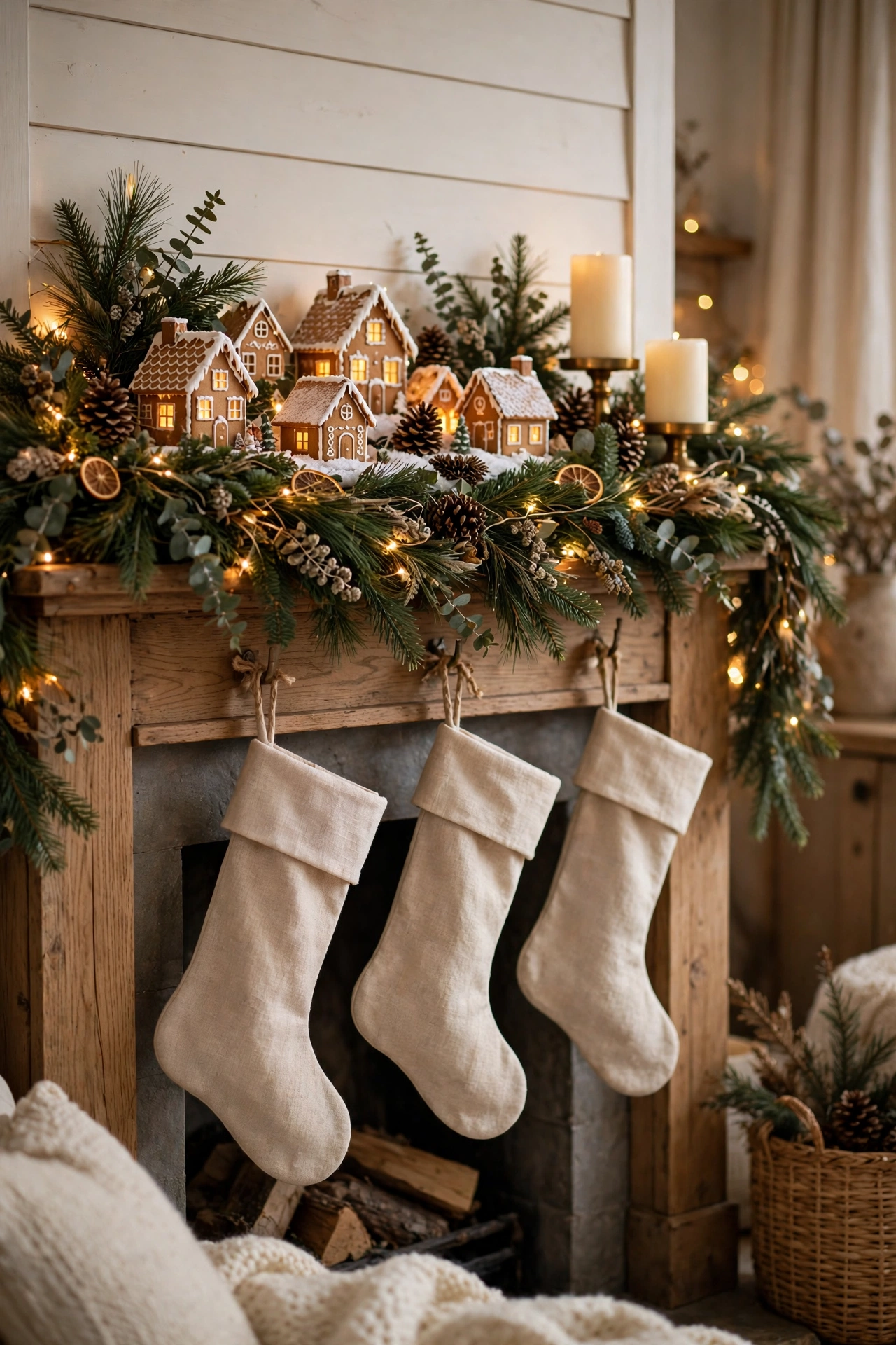 Fireplace mantel with a gingerbread house village, pine garland and glowing candles