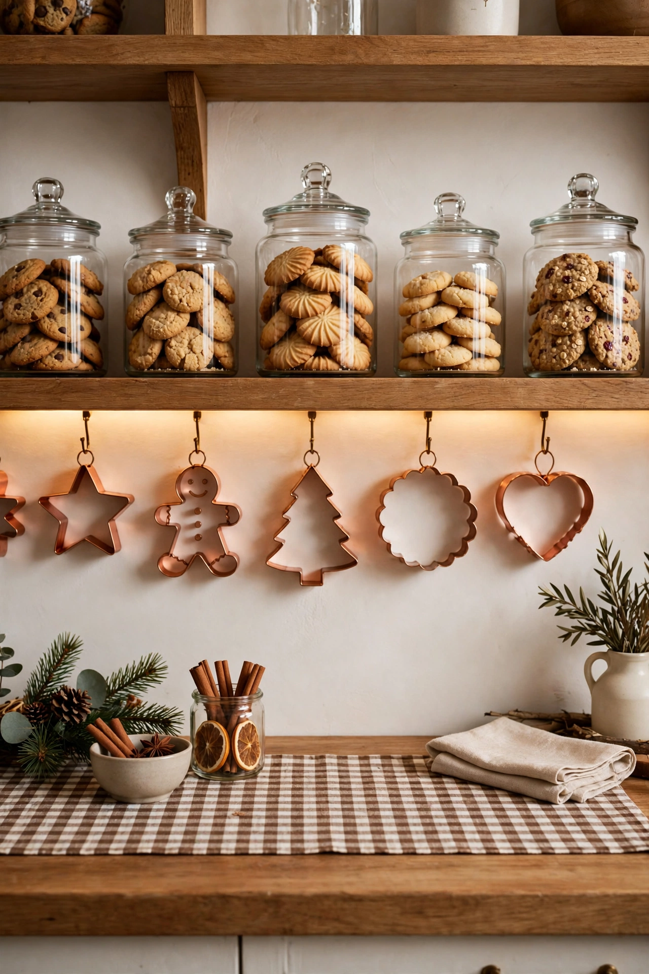 Kitchen styled like a Christmas bakery with cookie jars and copper cookie cutters