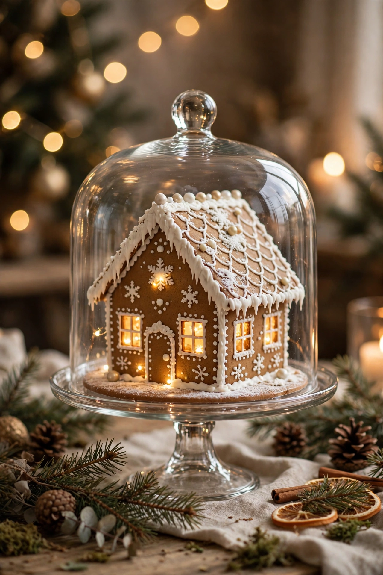 Decorated gingerbread house displayed under a glass cloche with fairy lights