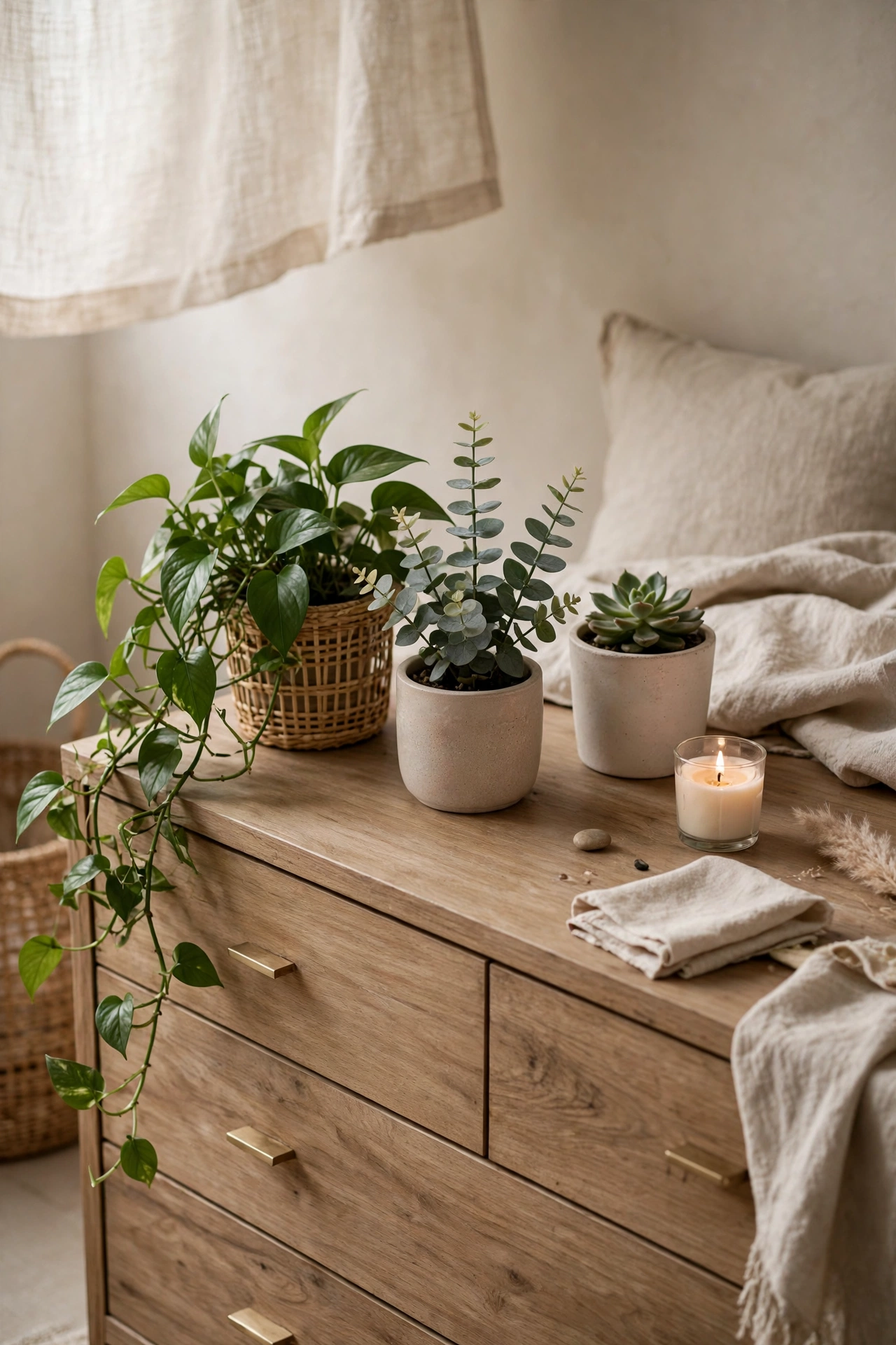 A bedroom dresser top with a grouping of potted plants