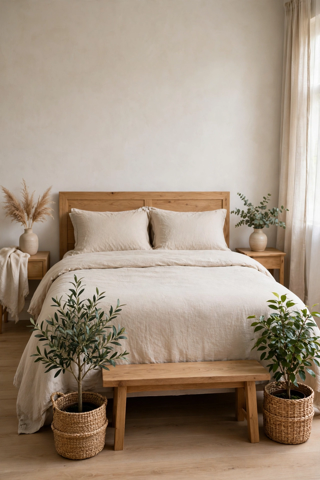 A low bench at the foot of a bed with potted plants in woven baskets