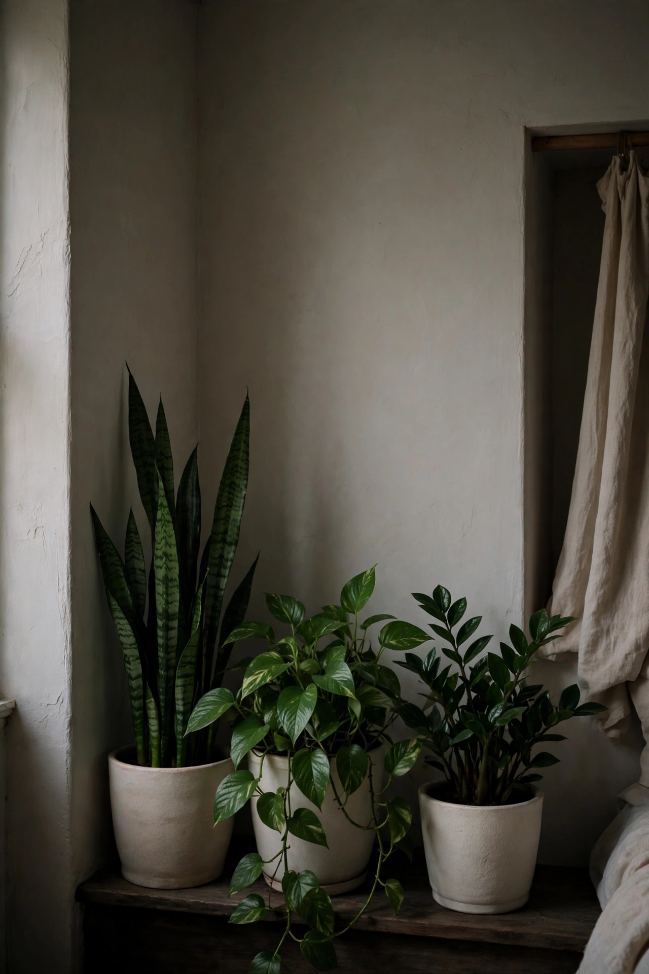 Shade-tolerant leafy plants in pale pots in a dark bedroom corner