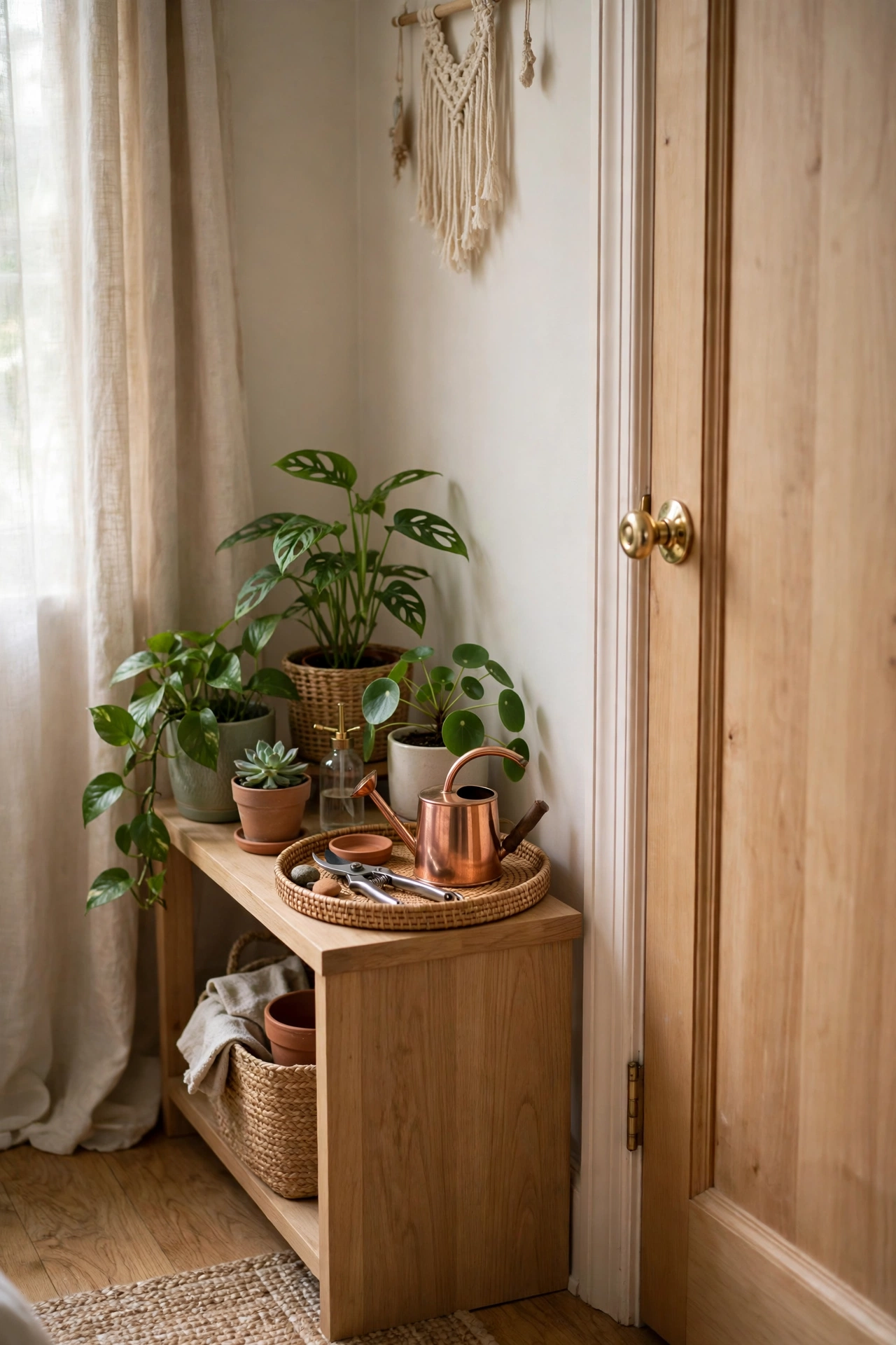 A tidy bedroom plant care spot with a watering can and tray