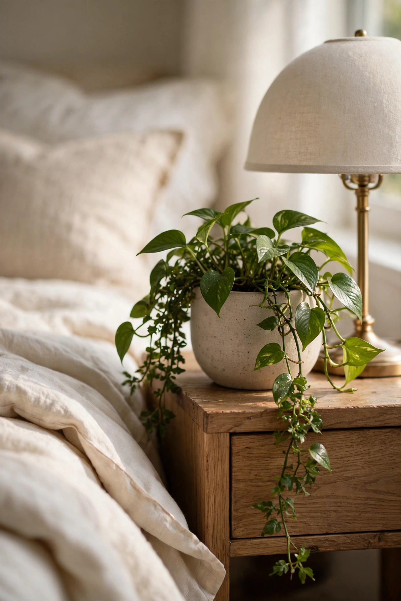 A trailing plant on a bedroom nightstand beside a lamp